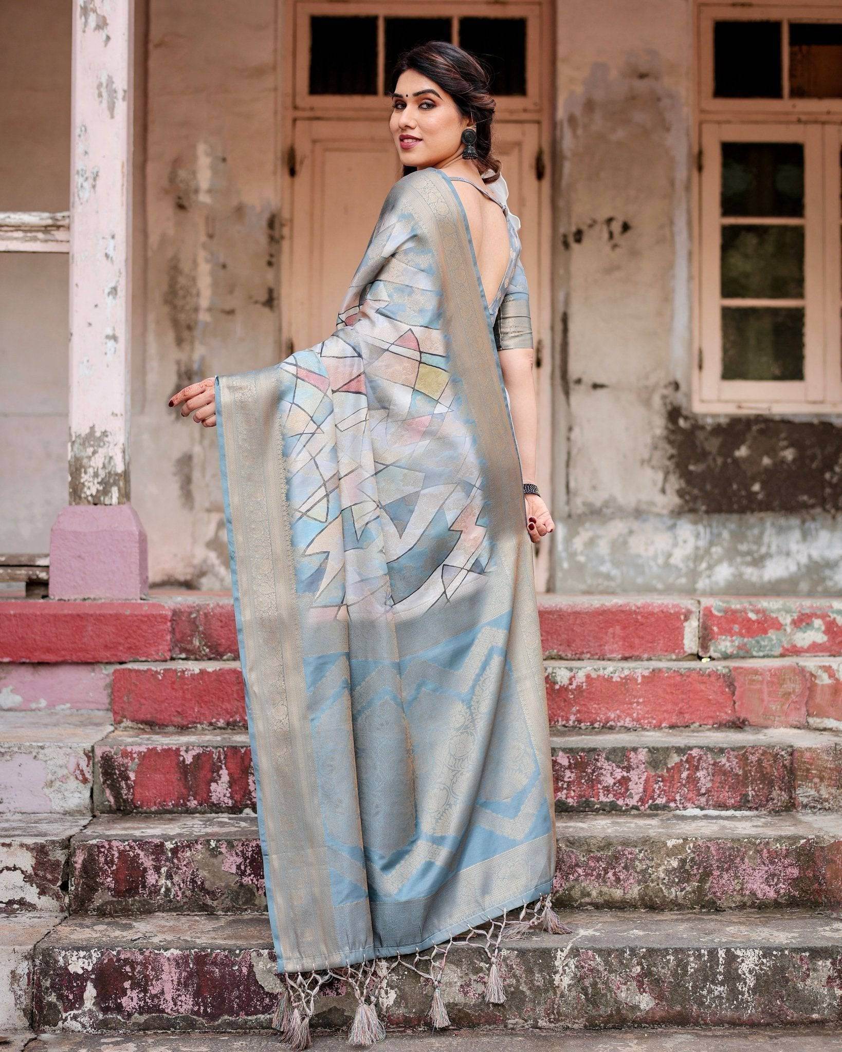 Elegant Pastel Blue Banarasi Silk Saree with Intricate Geometric Design and Zari Work Tassel Pallu - SEEANS