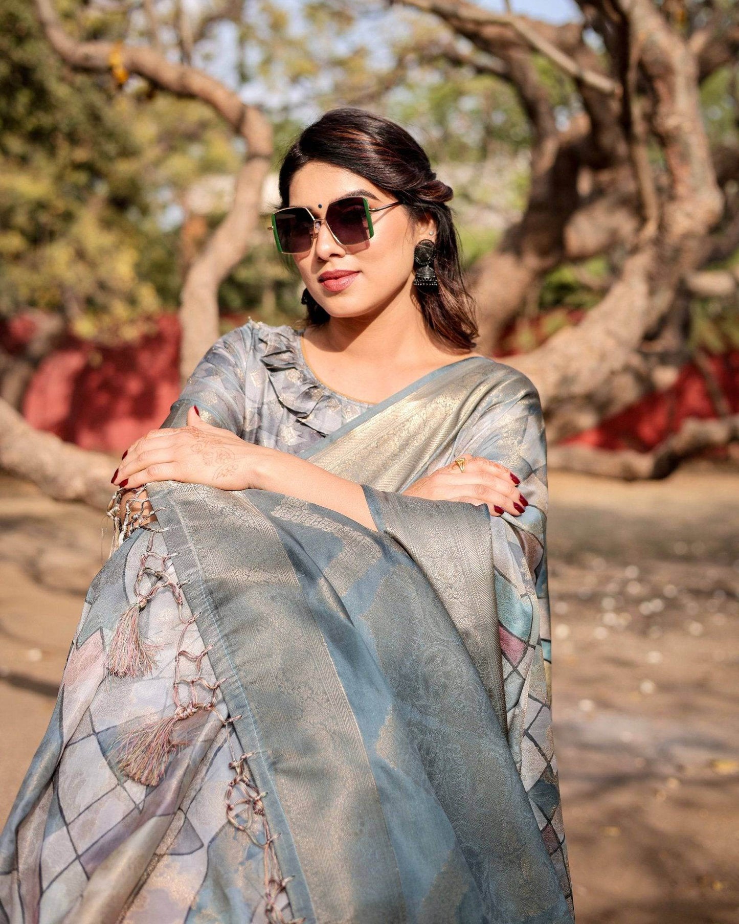 Elegant Pastel Blue Banarasi Silk Saree with Intricate Geometric Design and Zari Work Tassel Pallu - SEEANS