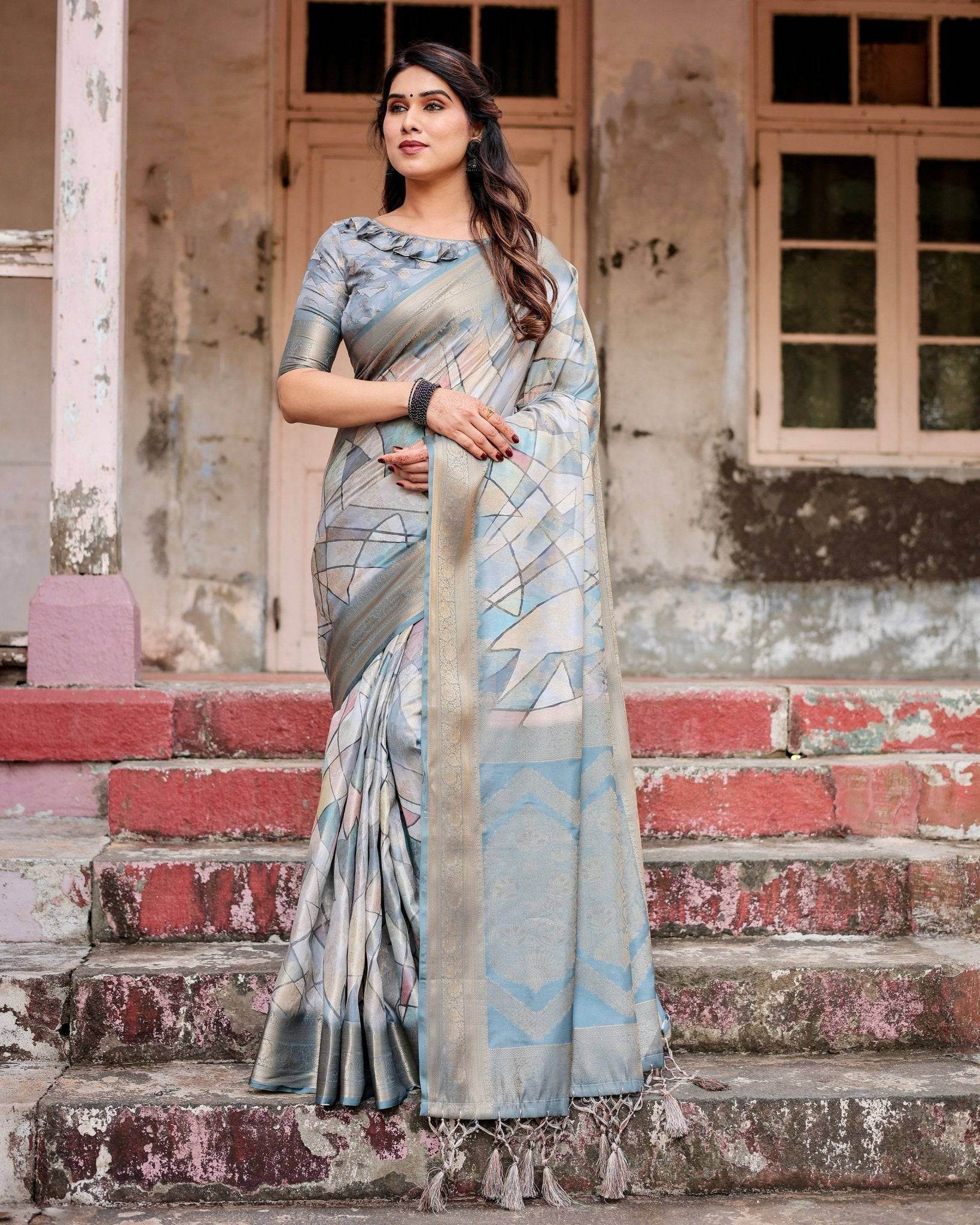 Elegant Pastel Blue Banarasi Silk Saree with Intricate Geometric Design and Zari Work Tassel Pallu - SEEANS