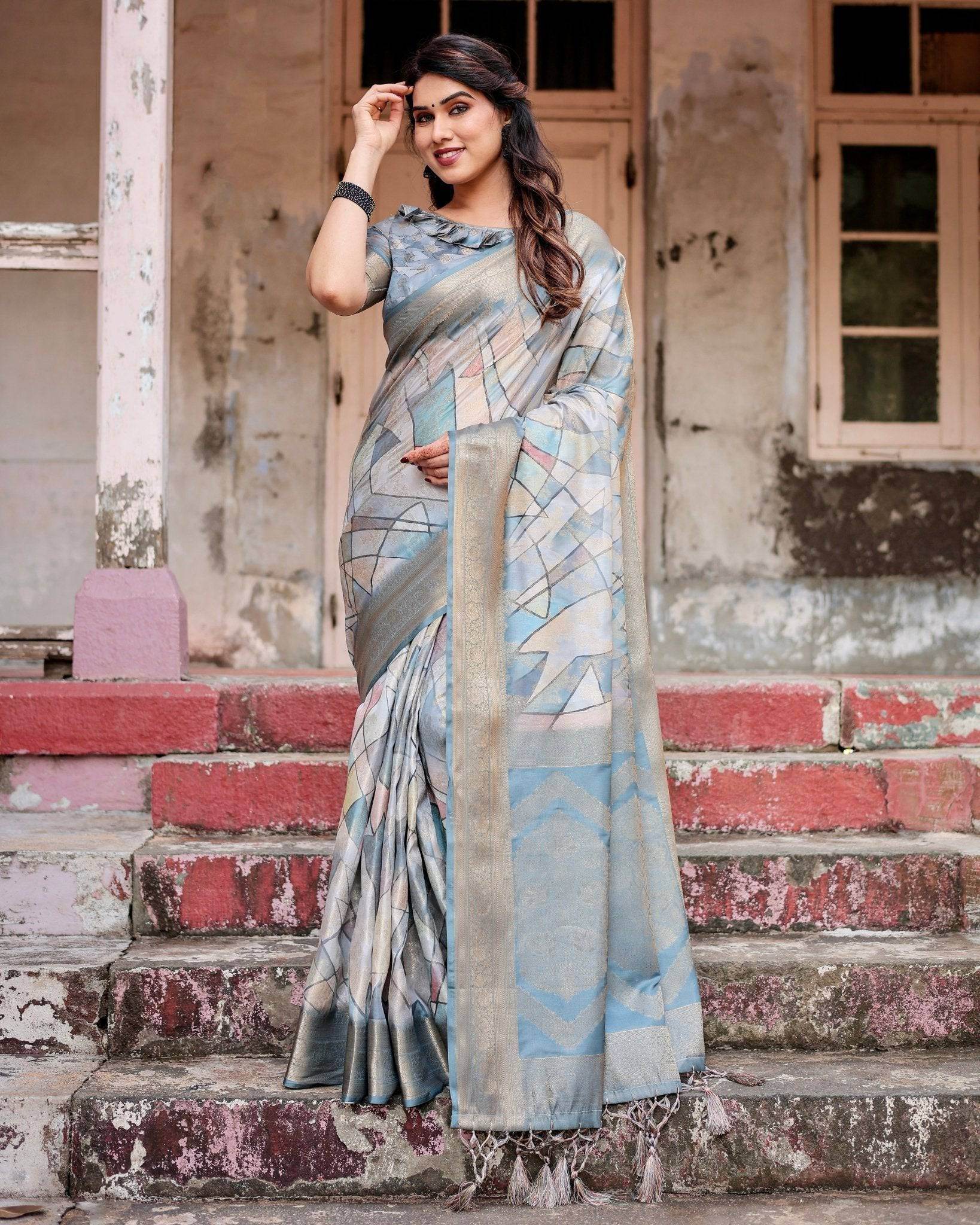 Elegant Pastel Blue Banarasi Silk Saree with Intricate Geometric Design and Zari Work Tassel Pallu - SEEANS