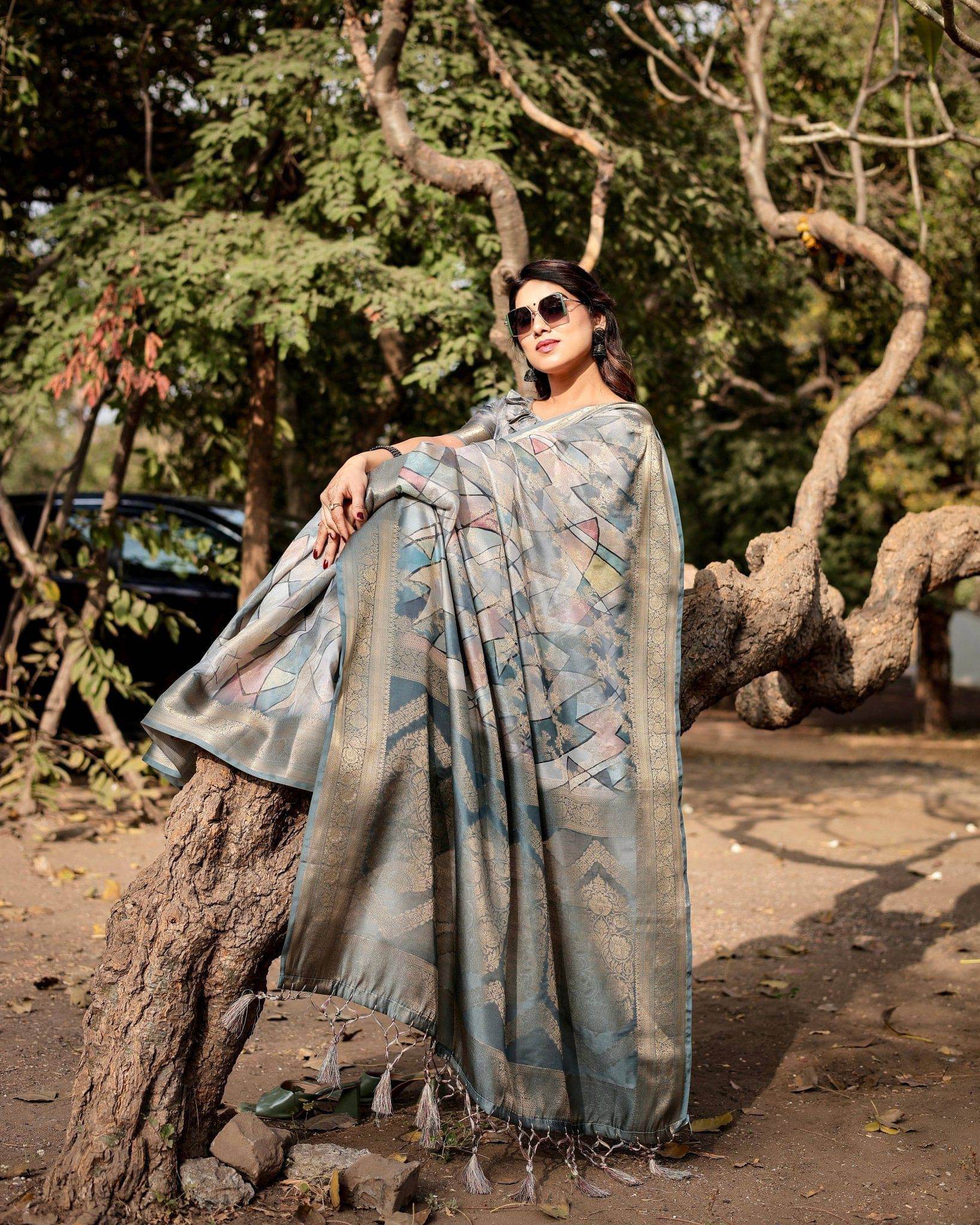 Elegant Pastel Blue Banarasi Silk Saree with Intricate Geometric Design and Zari Work Tassel Pallu - SEEANS