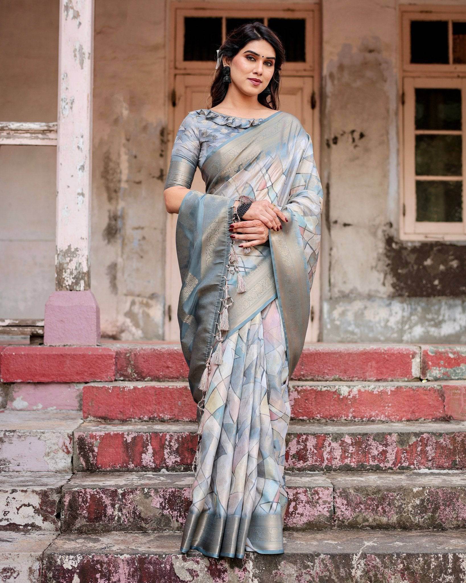 Elegant Pastel Blue Banarasi Silk Saree with Intricate Geometric Design and Zari Work Tassel Pallu - SEEANS