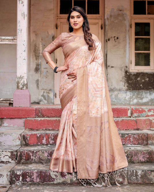 Elegant Beige Banarasi Silk Saree with Tassels and Zari Work - SEEANS