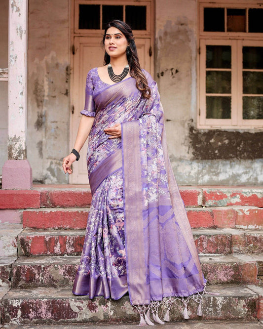 Elegant Purple Banarasi Silk Saree with Floral Weave, Zari Border, and Tassels - SEEANS