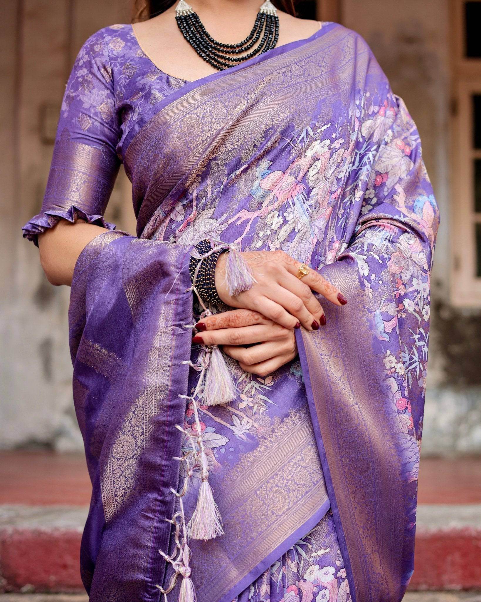 Elegant Purple Banarasi Silk Saree with Floral Weave, Zari Border, and Tassels - SEEANS