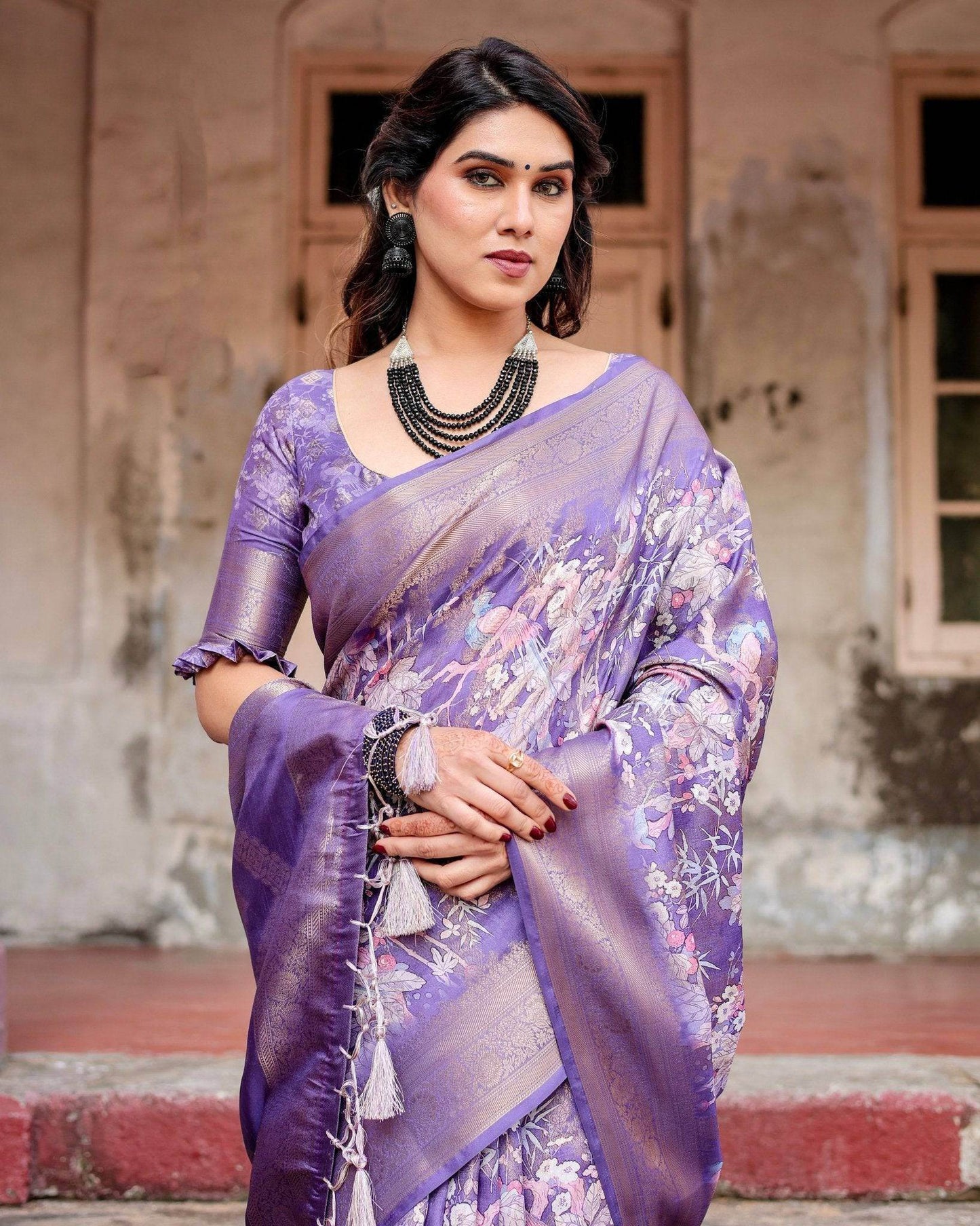 Elegant Purple Banarasi Silk Saree with Floral Weave, Zari Border, and Tassels - SEEANS