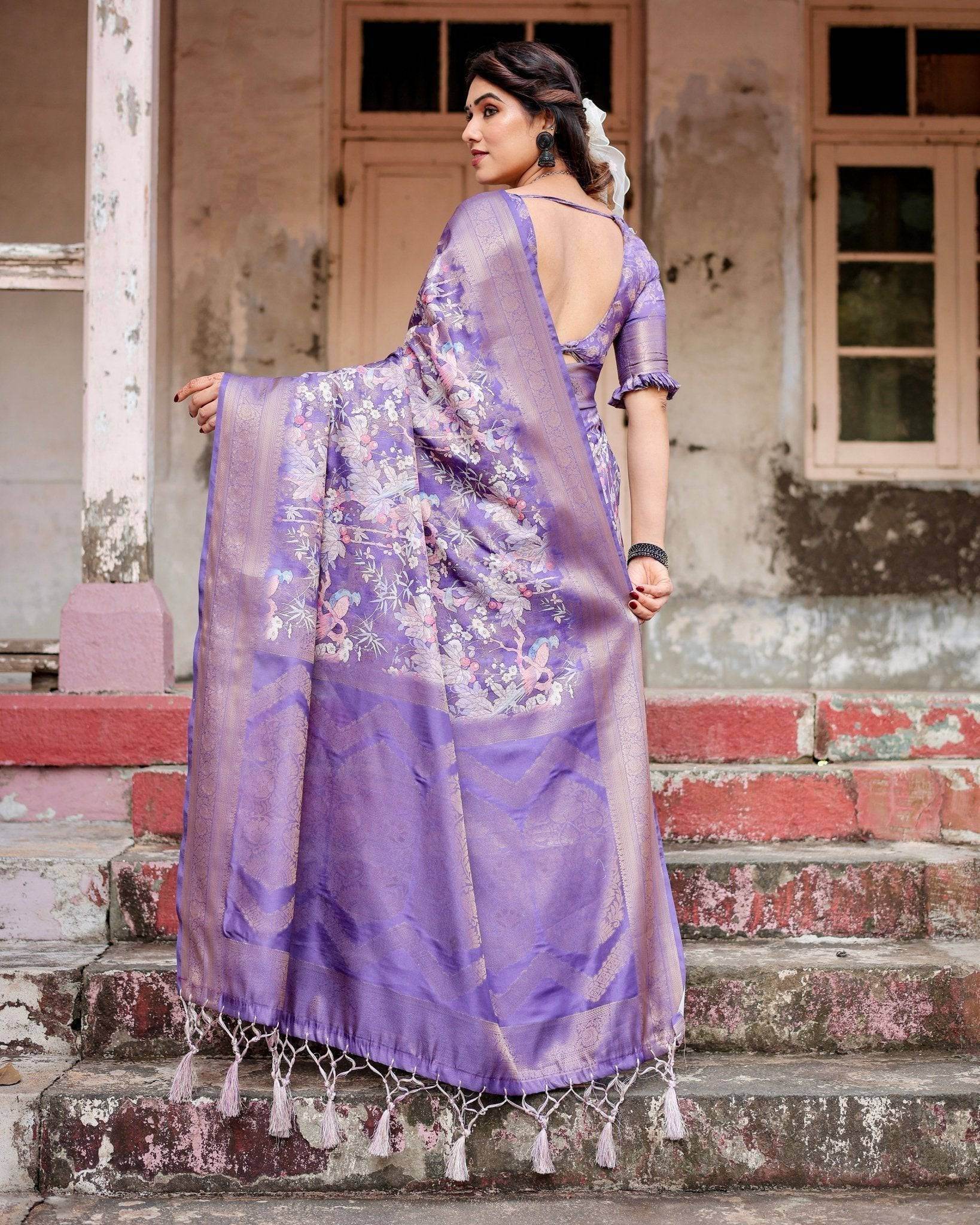 Elegant Purple Banarasi Silk Saree with Floral Weave, Zari Border, and Tassels - SEEANS