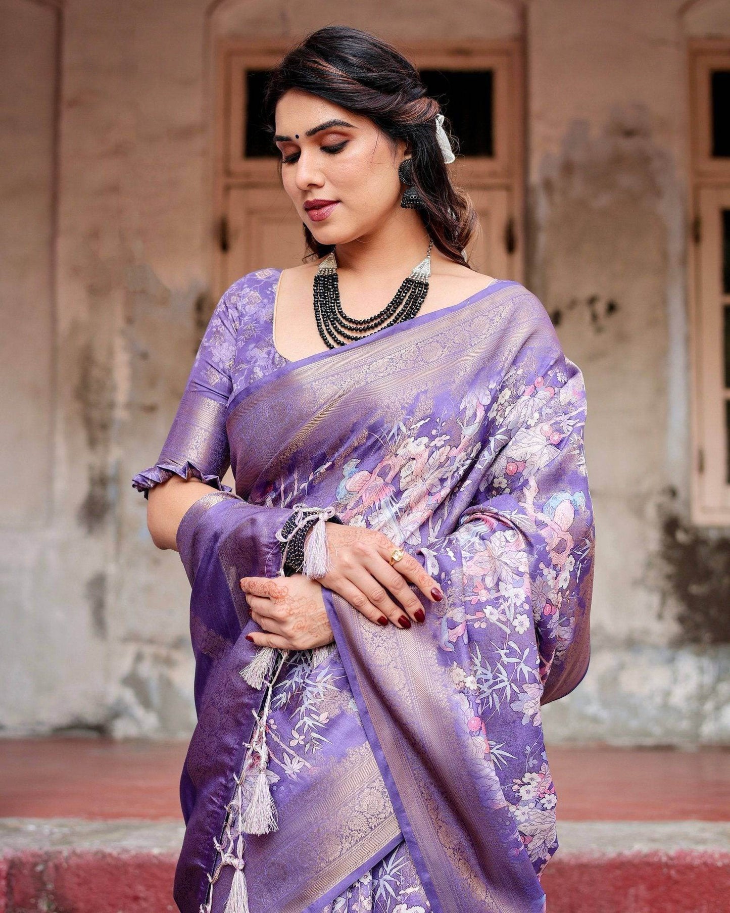 Elegant Purple Banarasi Silk Saree with Floral Weave, Zari Border, and Tassels - SEEANS