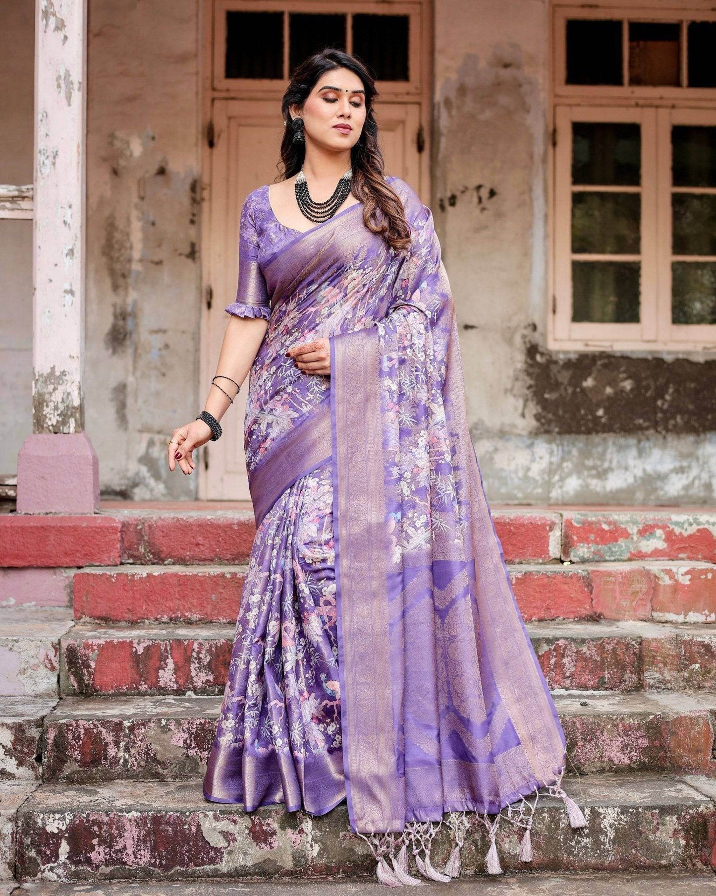 Elegant Purple Banarasi Silk Saree with Floral Weave, Zari Border, and Tassels - SEEANS