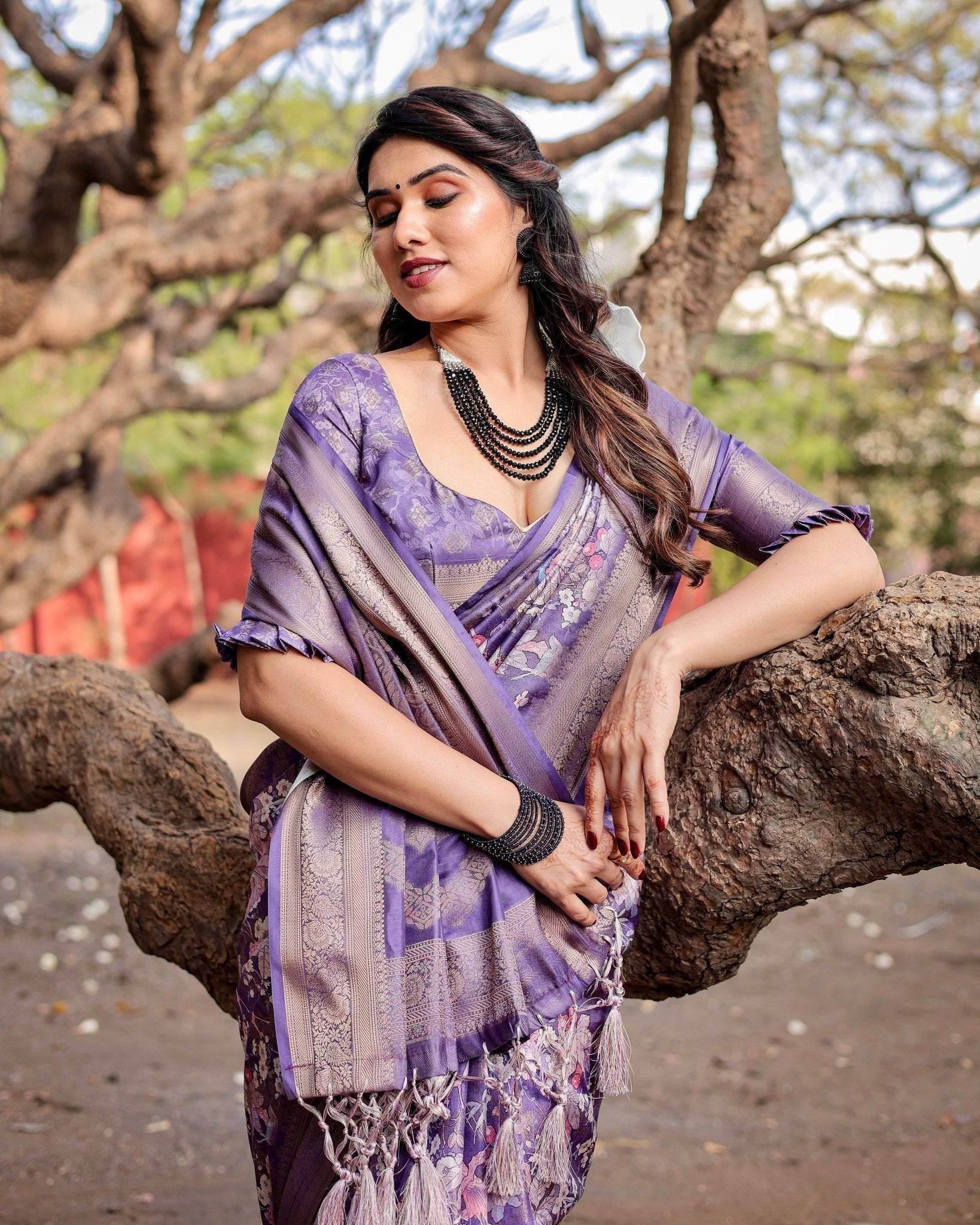 Elegant Purple Banarasi Silk Saree with Floral Weave, Zari Border, and Tassels - SEEANS