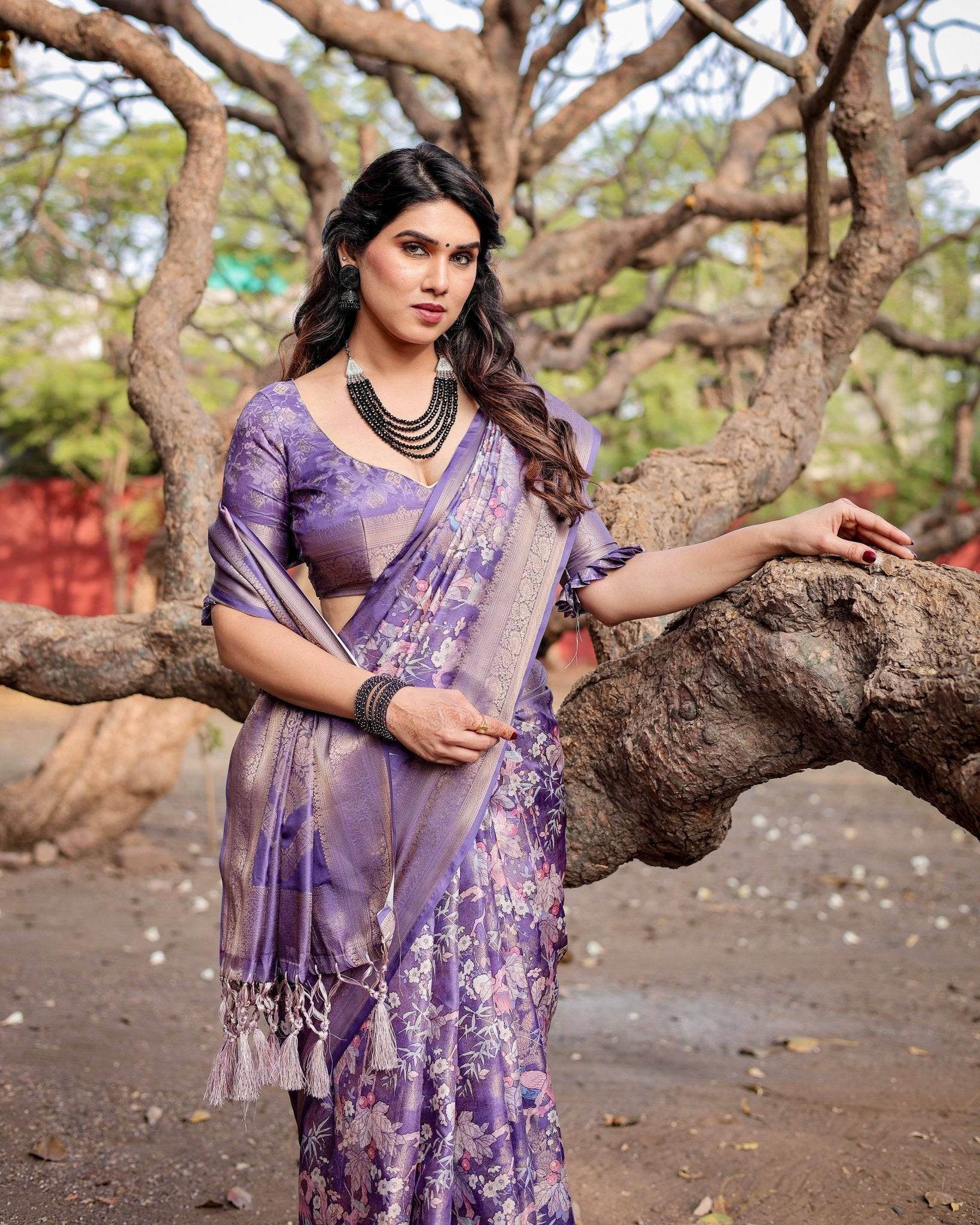 Elegant Purple Banarasi Silk Saree with Floral Weave, Zari Border, and Tassels - SEEANS