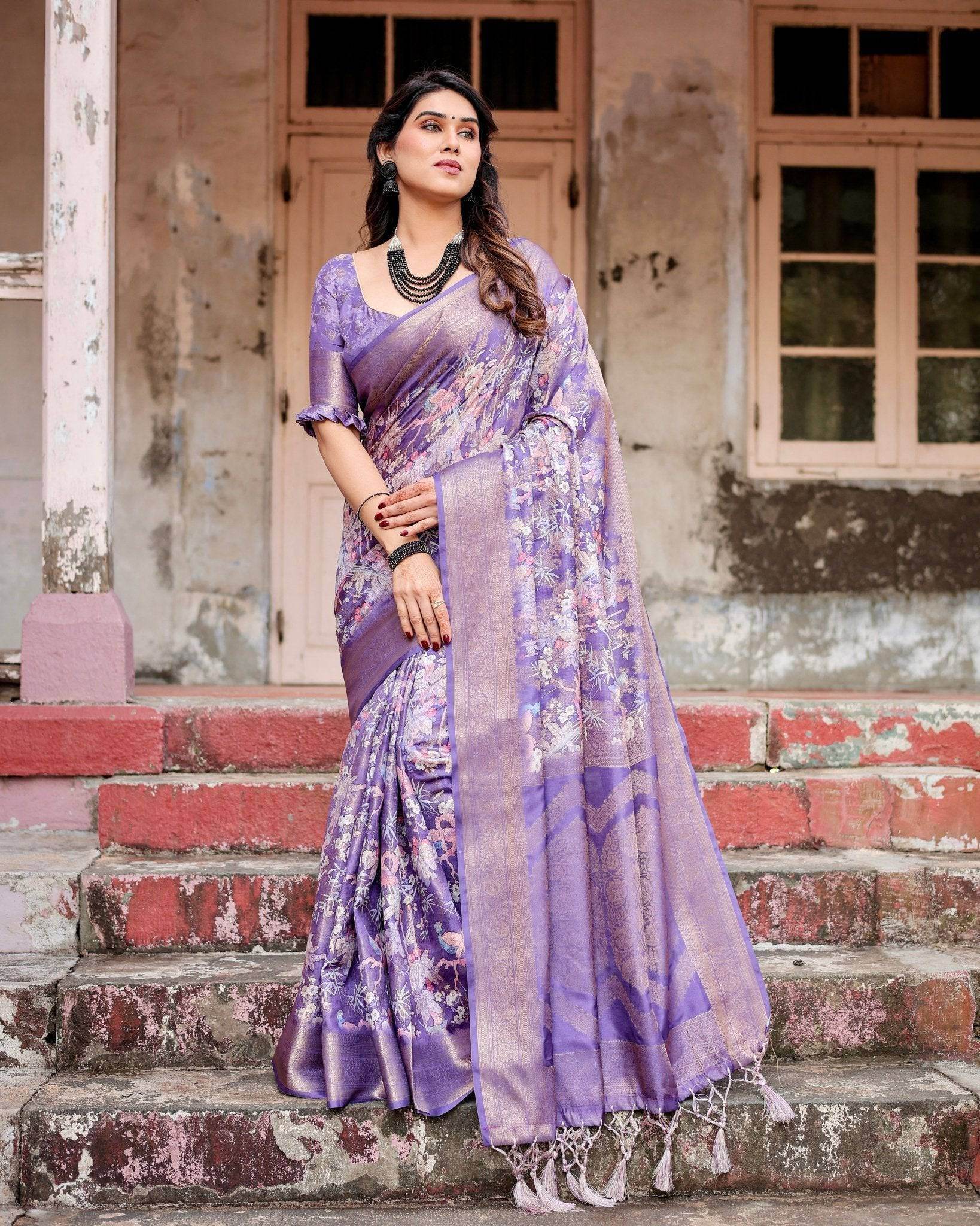 Elegant Purple Banarasi Silk Saree with Floral Weave, Zari Border, and Tassels - SEEANS