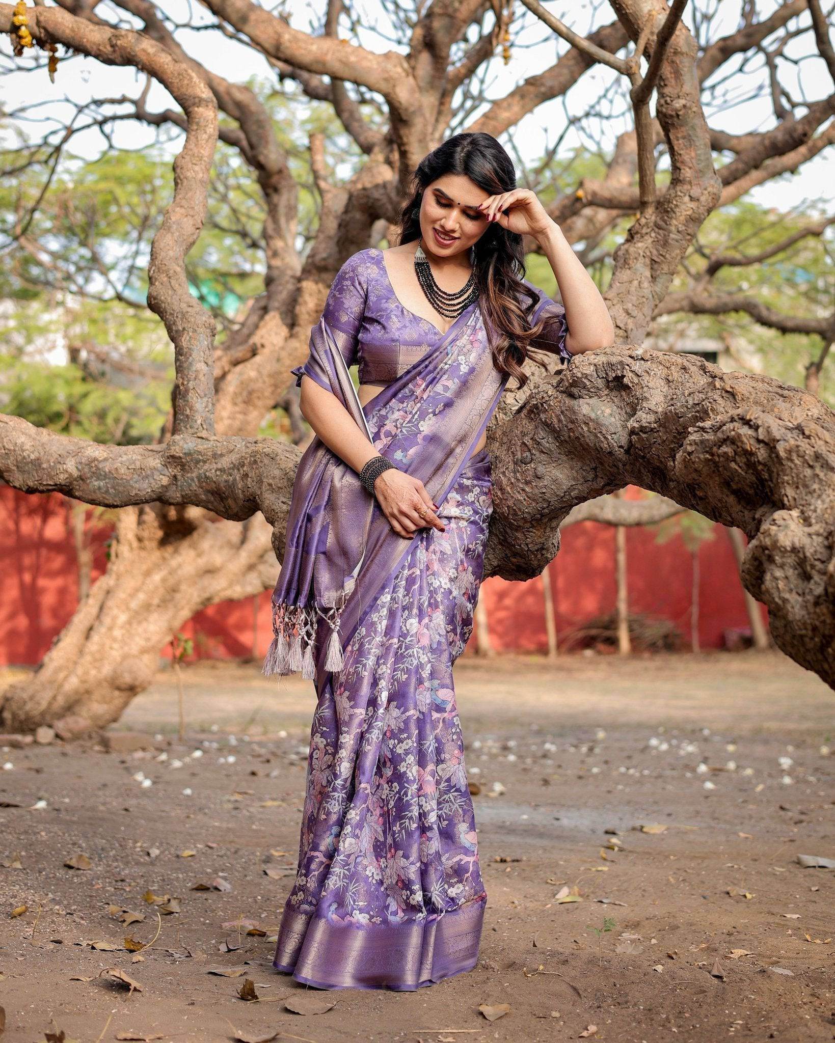 Elegant Purple Banarasi Silk Saree with Floral Weave, Zari Border, and Tassels - SEEANS