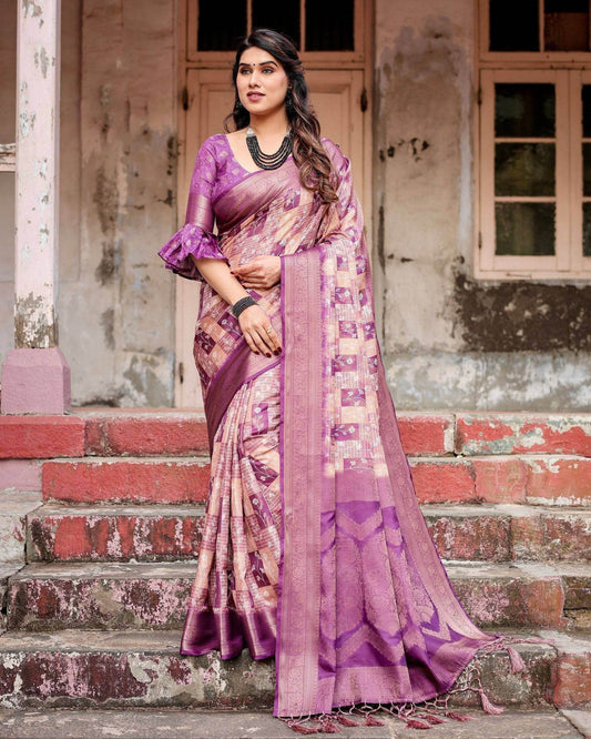 Exquisite Lavender Banarasi Silk Saree with Zari Weave and Tassels - SEEANS