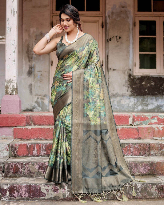 Green Banarasi Silk Saree with Lush Botanical Digital Print & Intricate Zari Border - SEEANS