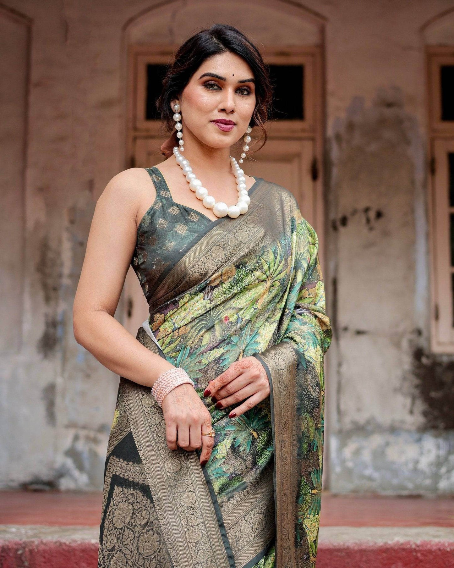 Green Banarasi Silk Saree with Lush Botanical Digital Print & Intricate Zari Border - SEEANS