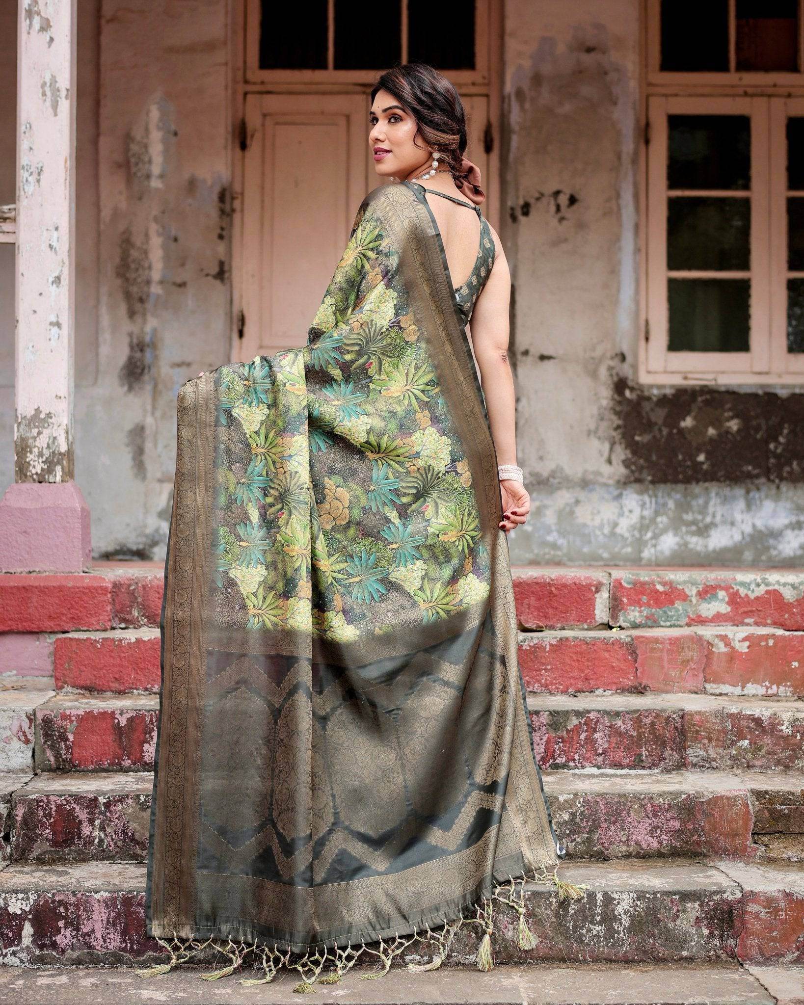 Green Banarasi Silk Saree with Lush Botanical Digital Print & Intricate Zari Border - SEEANS