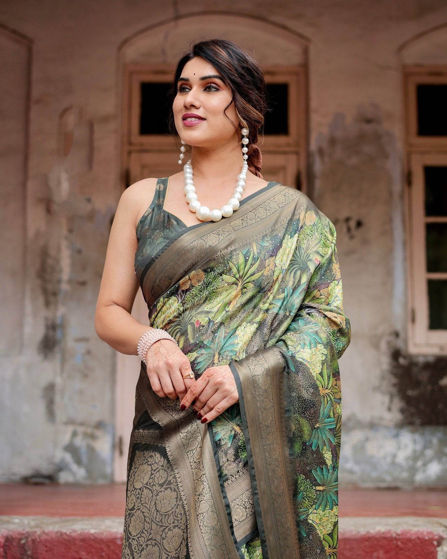 Green Banarasi Silk Saree with Lush Botanical Digital Print & Intricate Zari Border - SEEANS