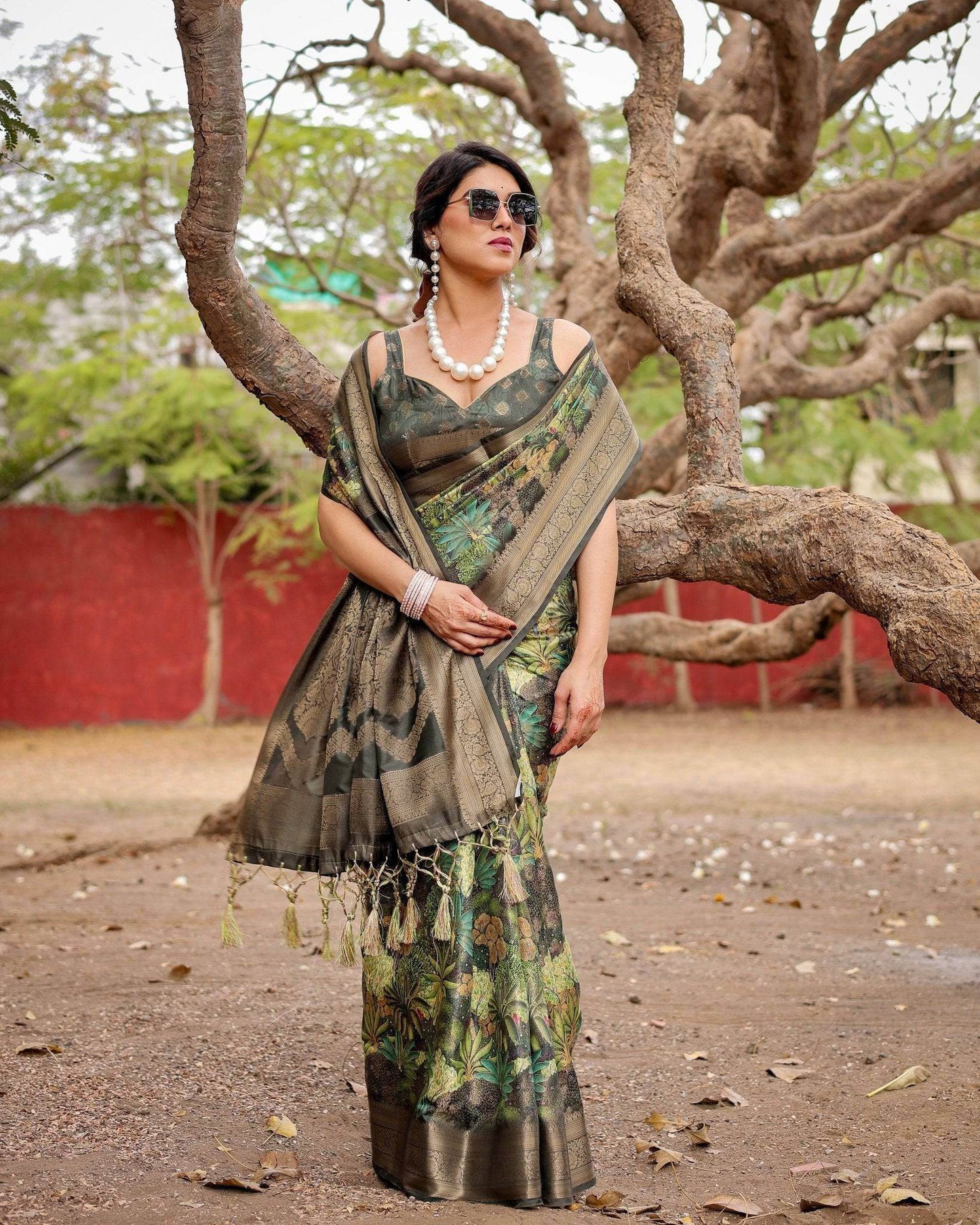 Green Banarasi Silk Saree with Lush Botanical Digital Print & Intricate Zari Border - SEEANS