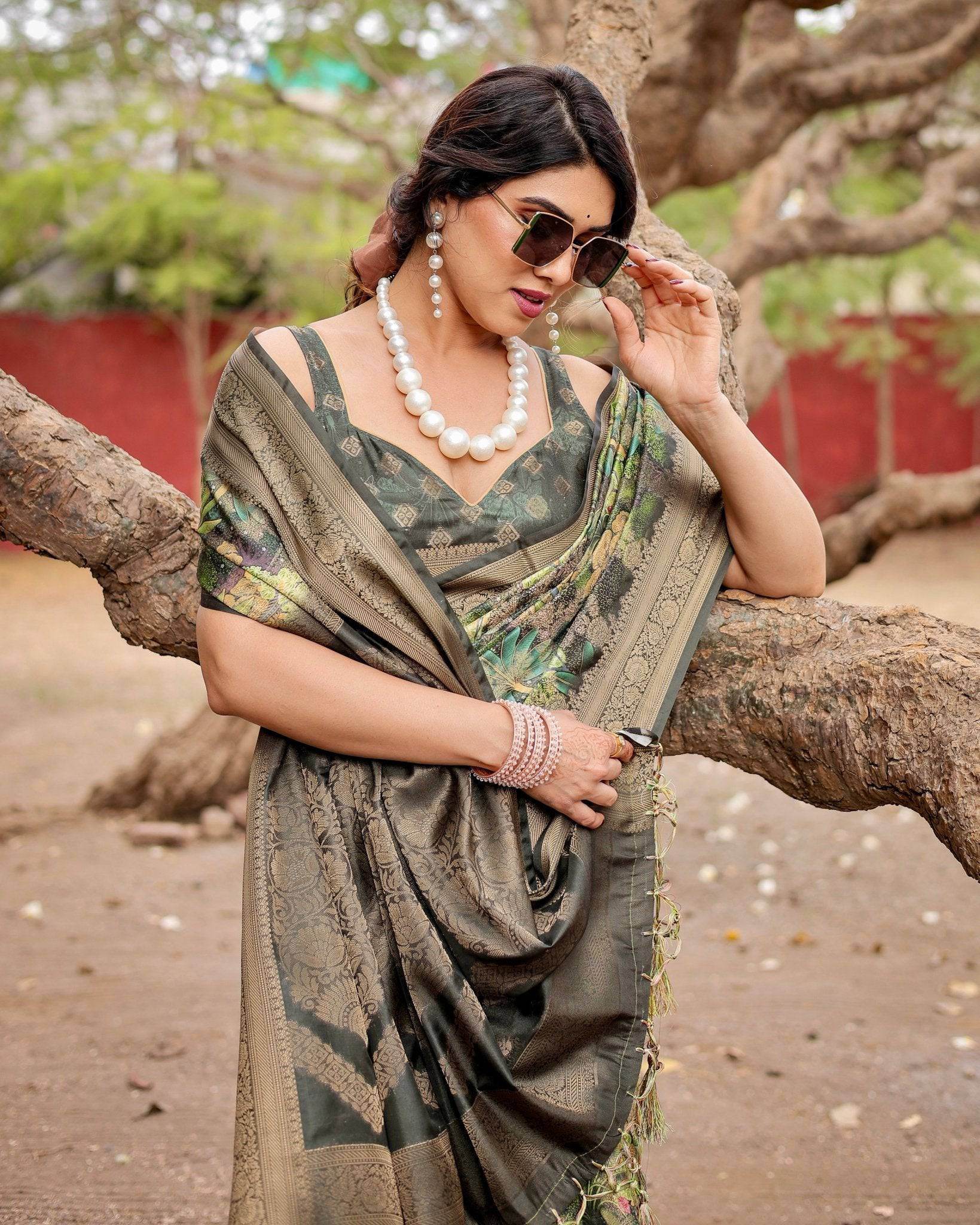 Green Banarasi Silk Saree with Lush Botanical Digital Print & Intricate Zari Border - SEEANS