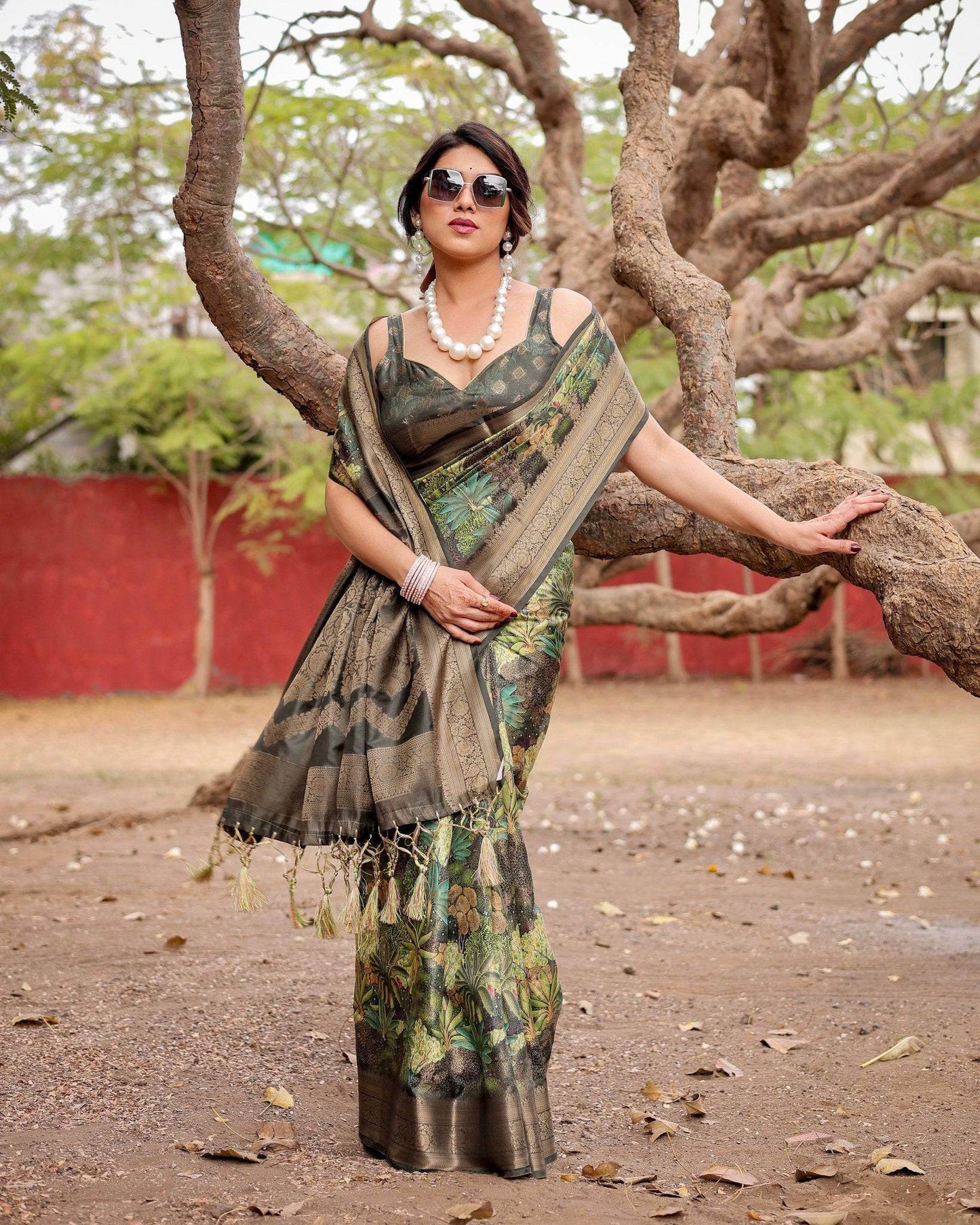 Green Banarasi Silk Saree with Lush Botanical Digital Print & Intricate Zari Border - SEEANS