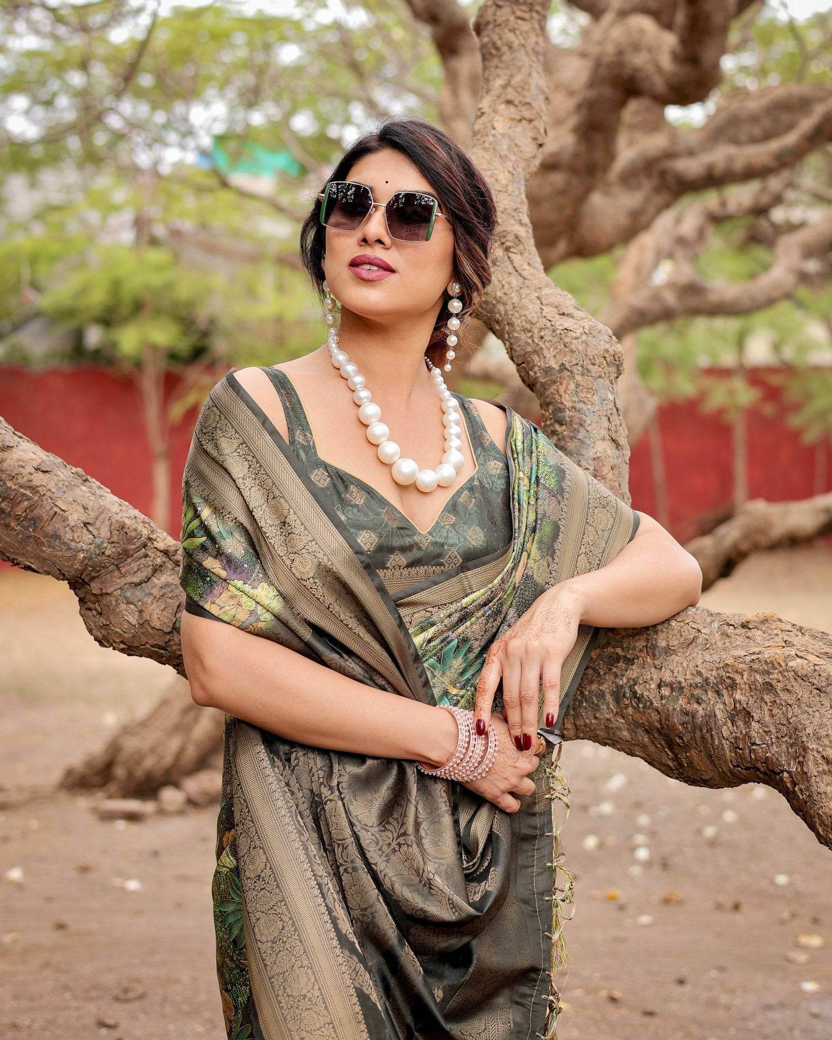 Green Banarasi Silk Saree with Lush Botanical Digital Print & Intricate Zari Border - SEEANS