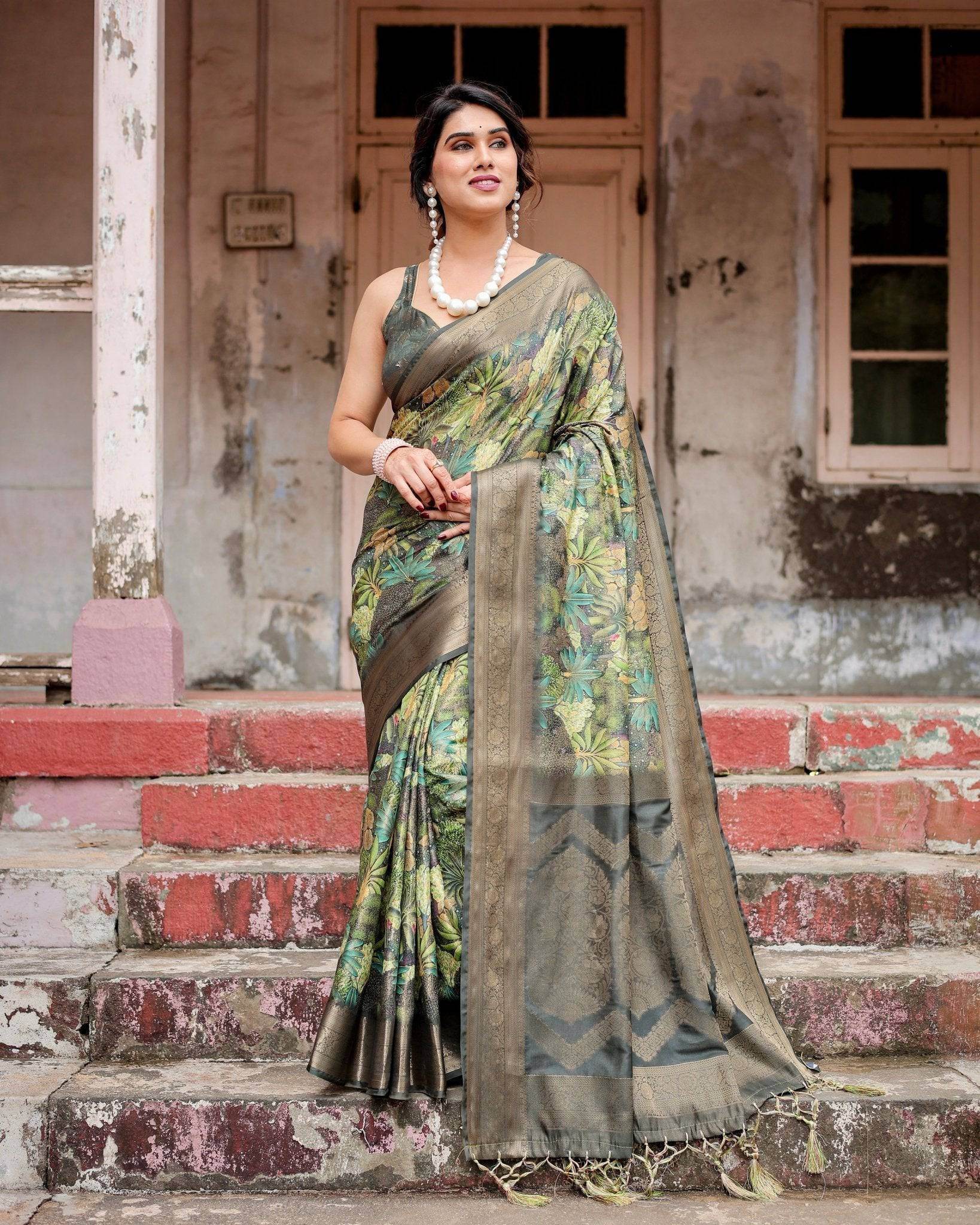 Green Banarasi Silk Saree with Lush Botanical Digital Print & Intricate Zari Border - SEEANS