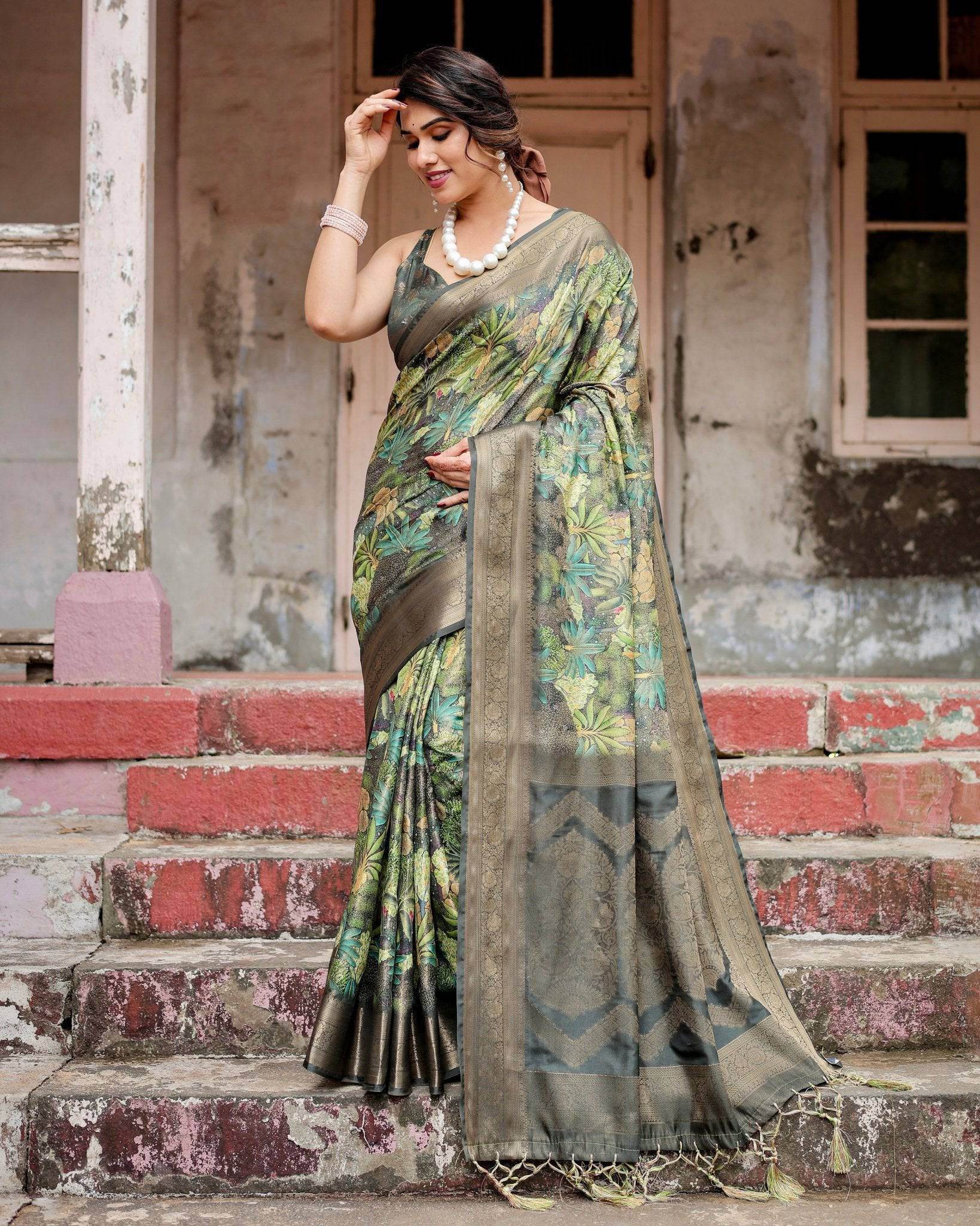 Green Banarasi Silk Saree with Lush Botanical Digital Print & Intricate Zari Border - SEEANS