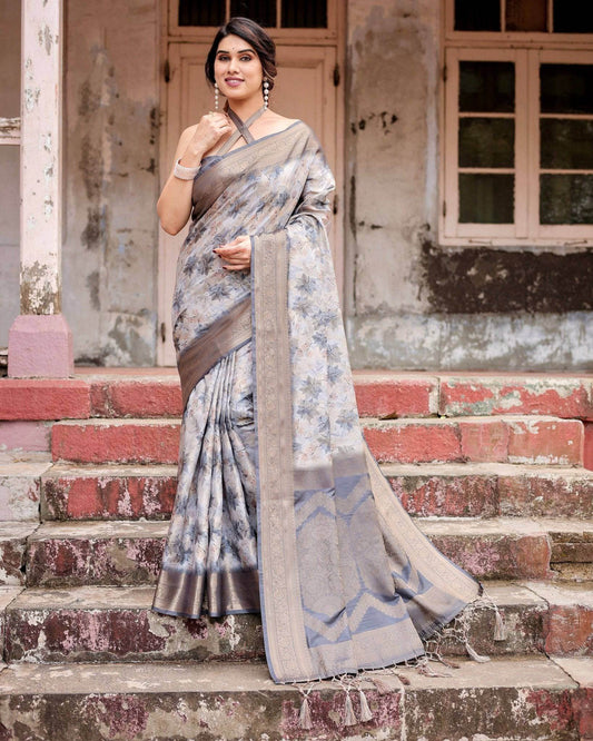 Grey Banarasi Silk Saree with Abstract Floral Print, Zari Border & Tassel Detailing - SEEANS