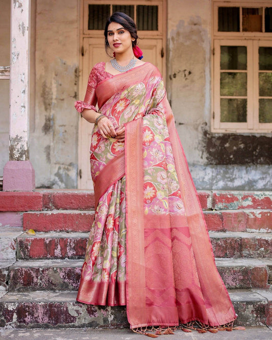 Graceful Peach and Pink Banarasi Silk Saree with Zari Weave and Tassels - SEEANS