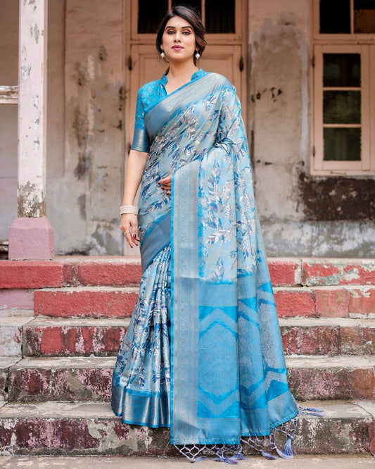 Aqua Blue Banarasi Silk Saree with Zari Border, Floral Motifs, and Tassels - SEEANS