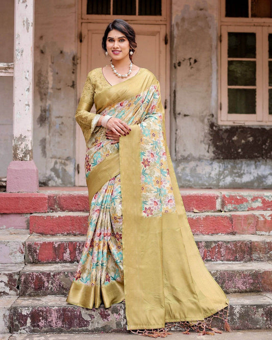 Golden Yellow Banarasi Silk Saree with Multicolor Floral Print and Zari Border - SEEANS