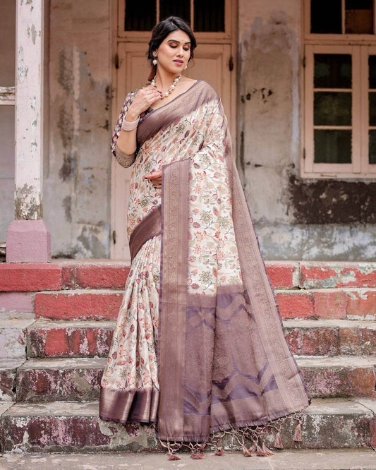 Ivory Banarasi Silk Saree with Plum Zari Border, Floral Print, and Tassels - SEEANS