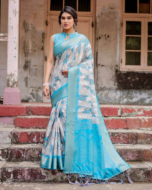 Sky Blue Banarasi Silk Saree with Paisley Digital Print, Zari Border & Tassel Details - SEEANS