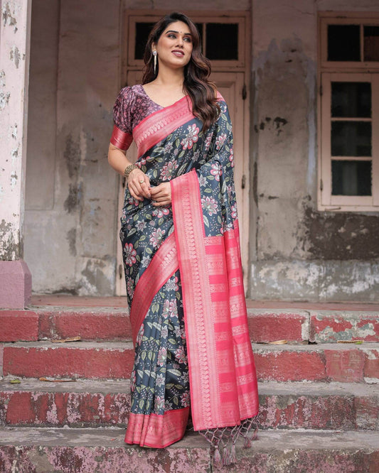 Floral Navy Banarasi Silk Saree with Bright Pink Zari Border and Tassels - SEEANS