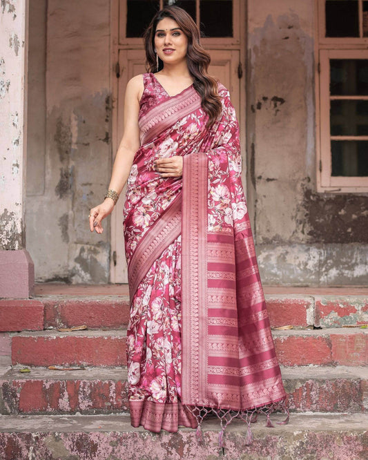 Maroon Banarasi Silk Saree with Bold Floral Digital Print & Rich Zari Border - SEEANS