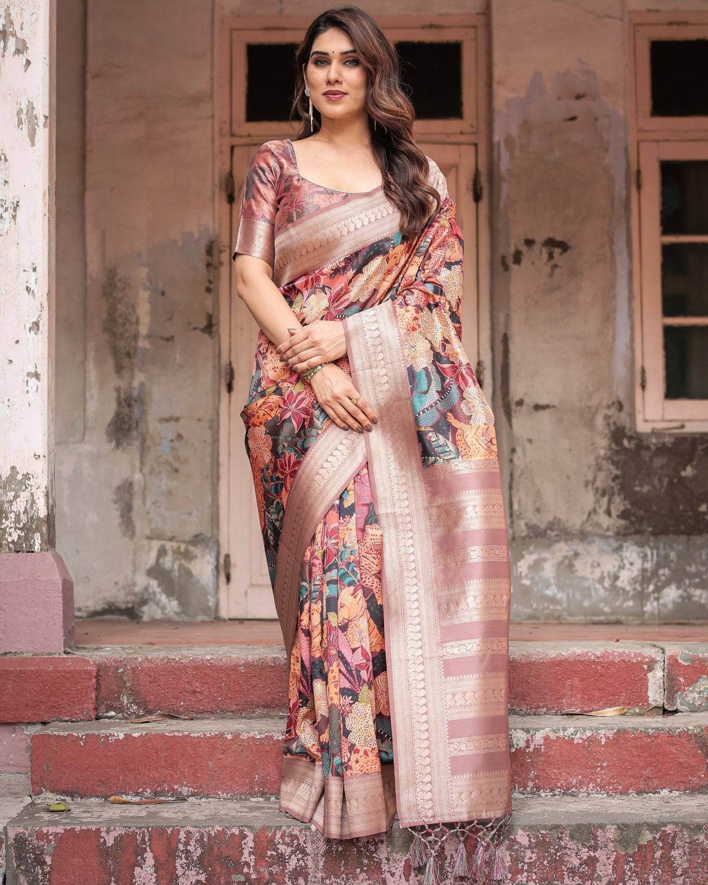 Exotic Multicolor Banarasi Silk Saree with Zari Border and Tassels - SEEANS