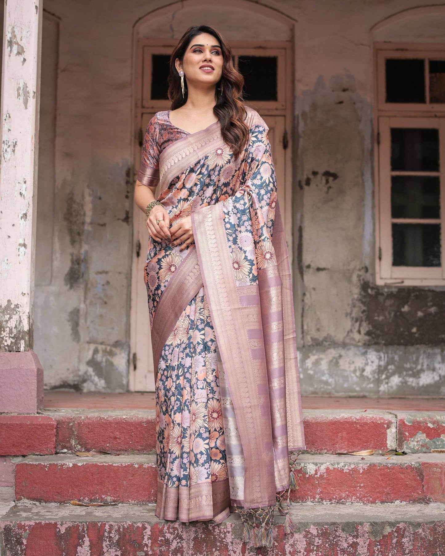 Lavender Banarasi Silk Saree with Pastel Floral Digital Print & Zari Border - SEEANS