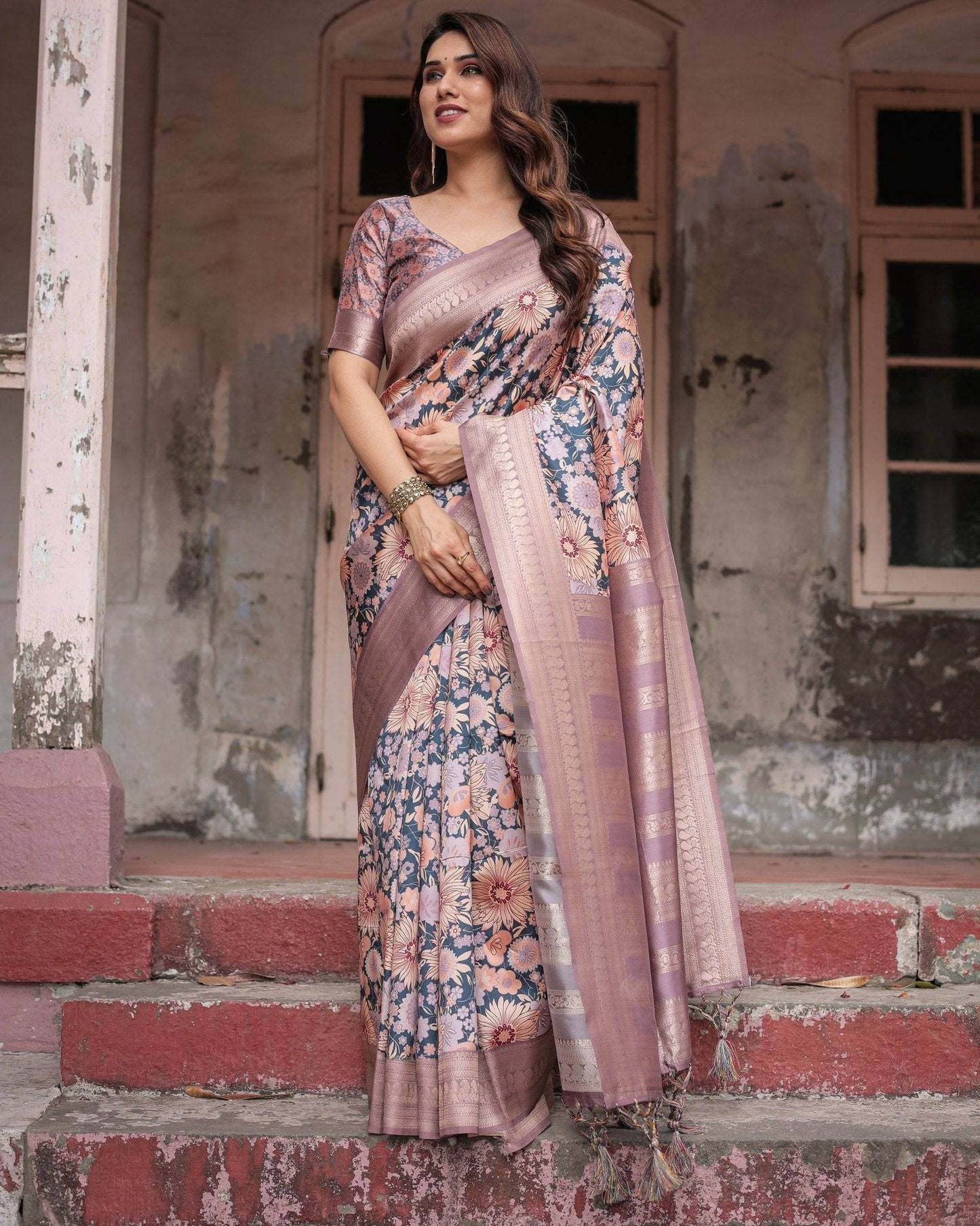 Lavender Banarasi Silk Saree with Pastel Floral Digital Print & Zari Border - SEEANS