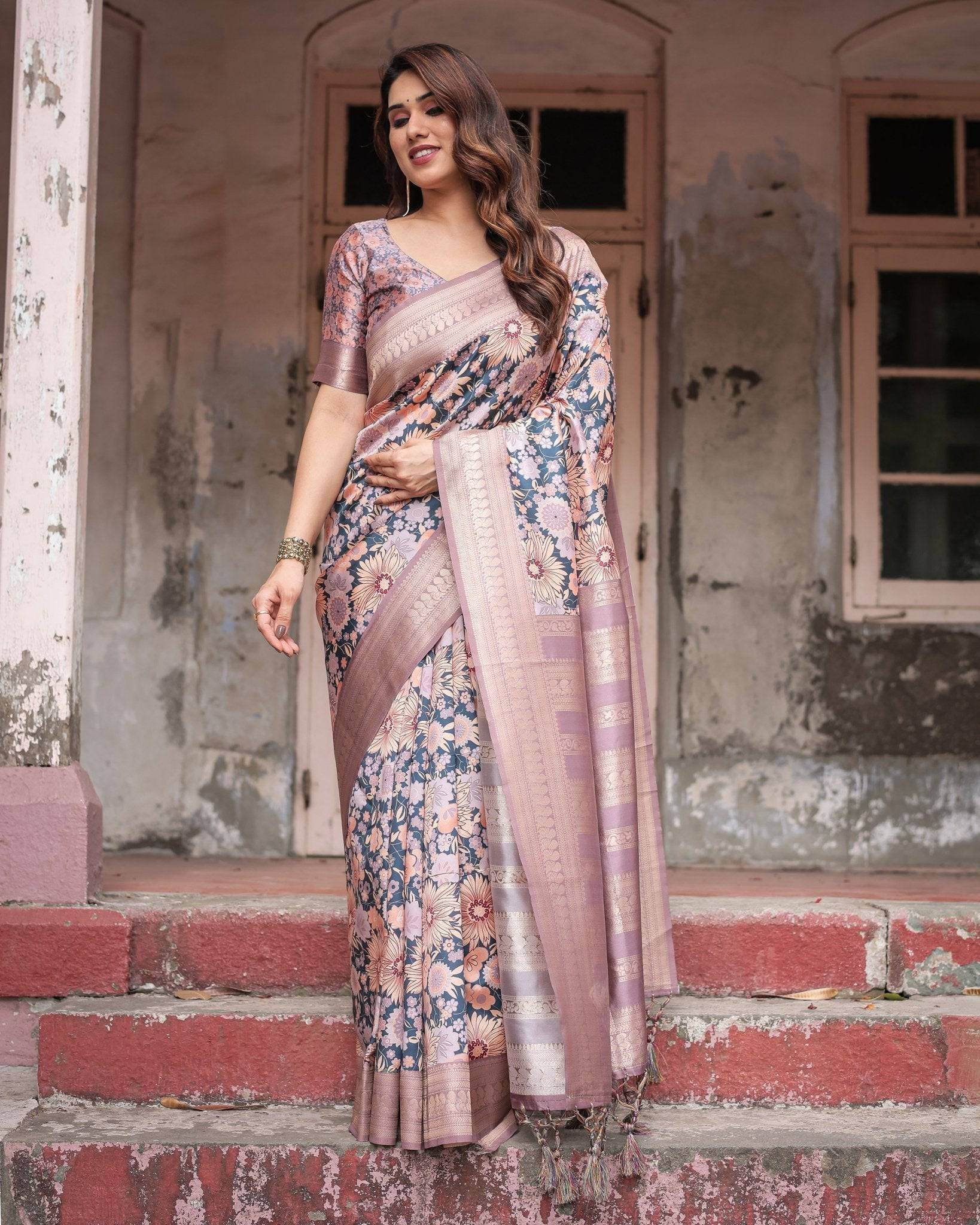 Lavender Banarasi Silk Saree with Pastel Floral Digital Print & Zari Border - SEEANS