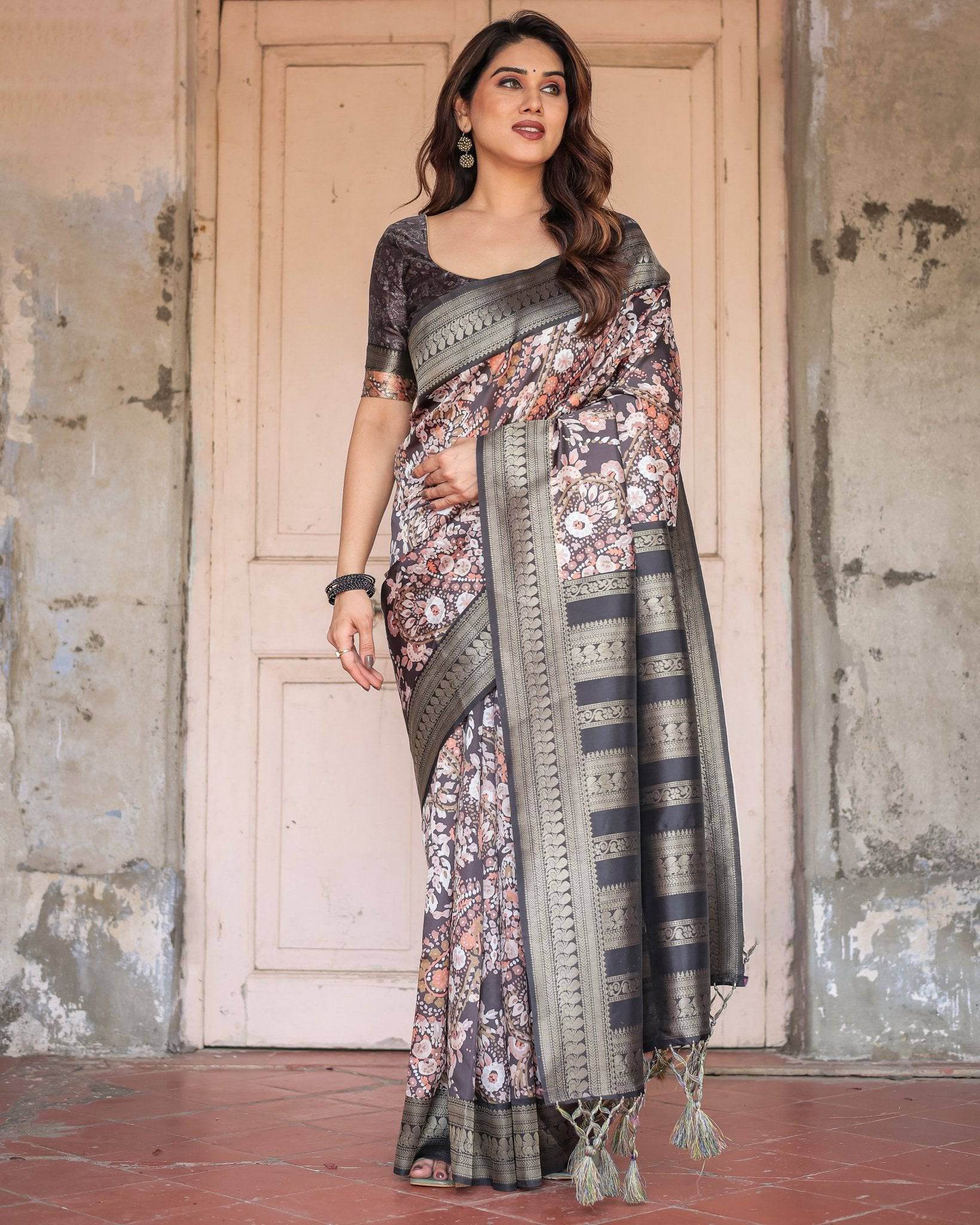 Elegant Black and Peach Banarasi Silk Saree with Zari Border and Tassels - SEEANS