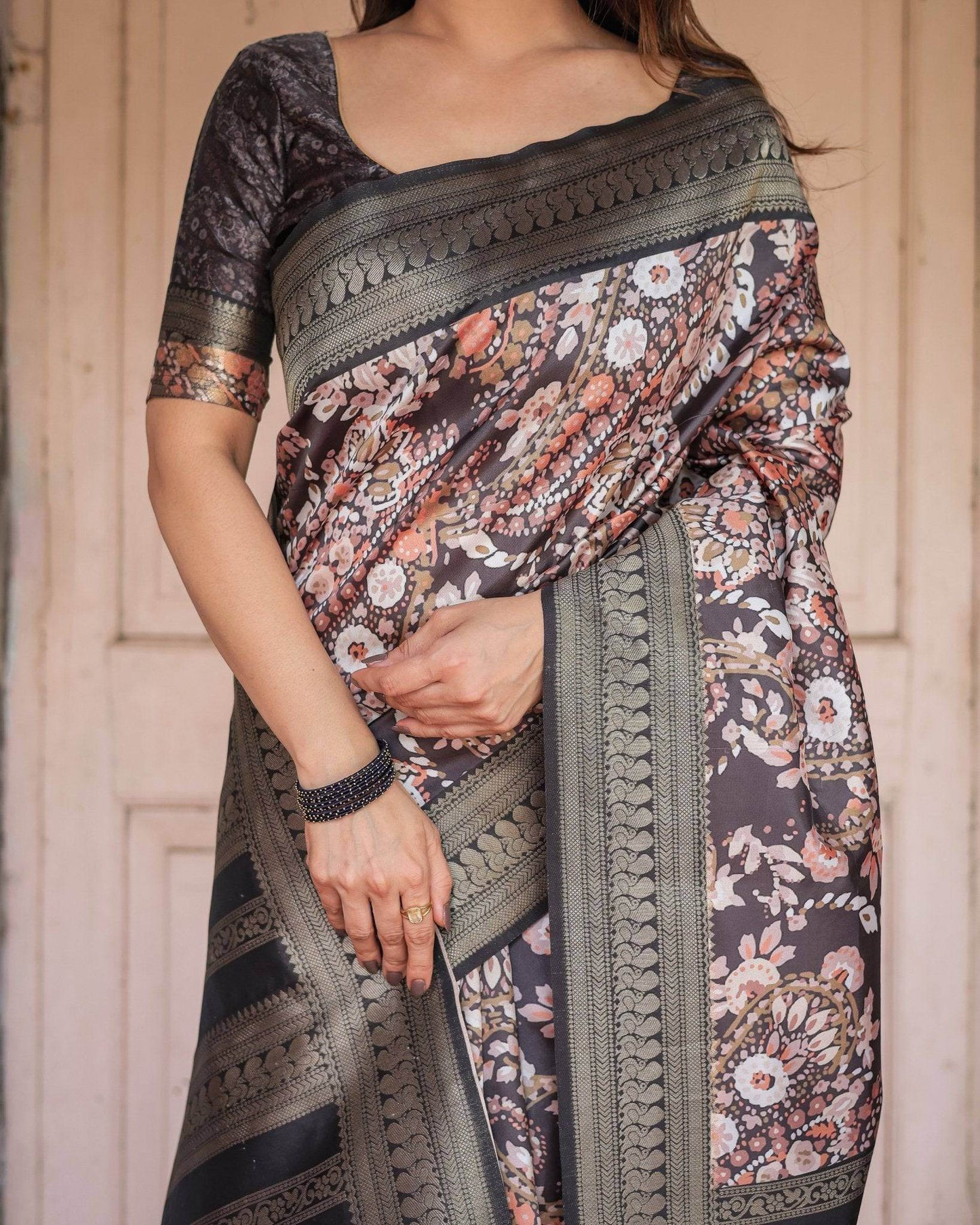 Elegant Black and Peach Banarasi Silk Saree with Zari Border and Tassels - SEEANS