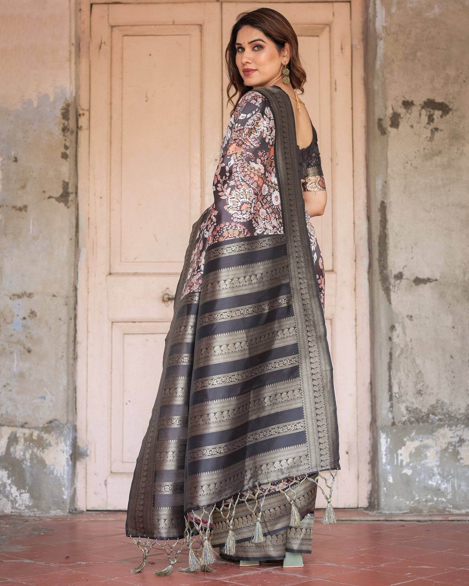 Elegant Black and Peach Banarasi Silk Saree with Zari Border and Tassels - SEEANS