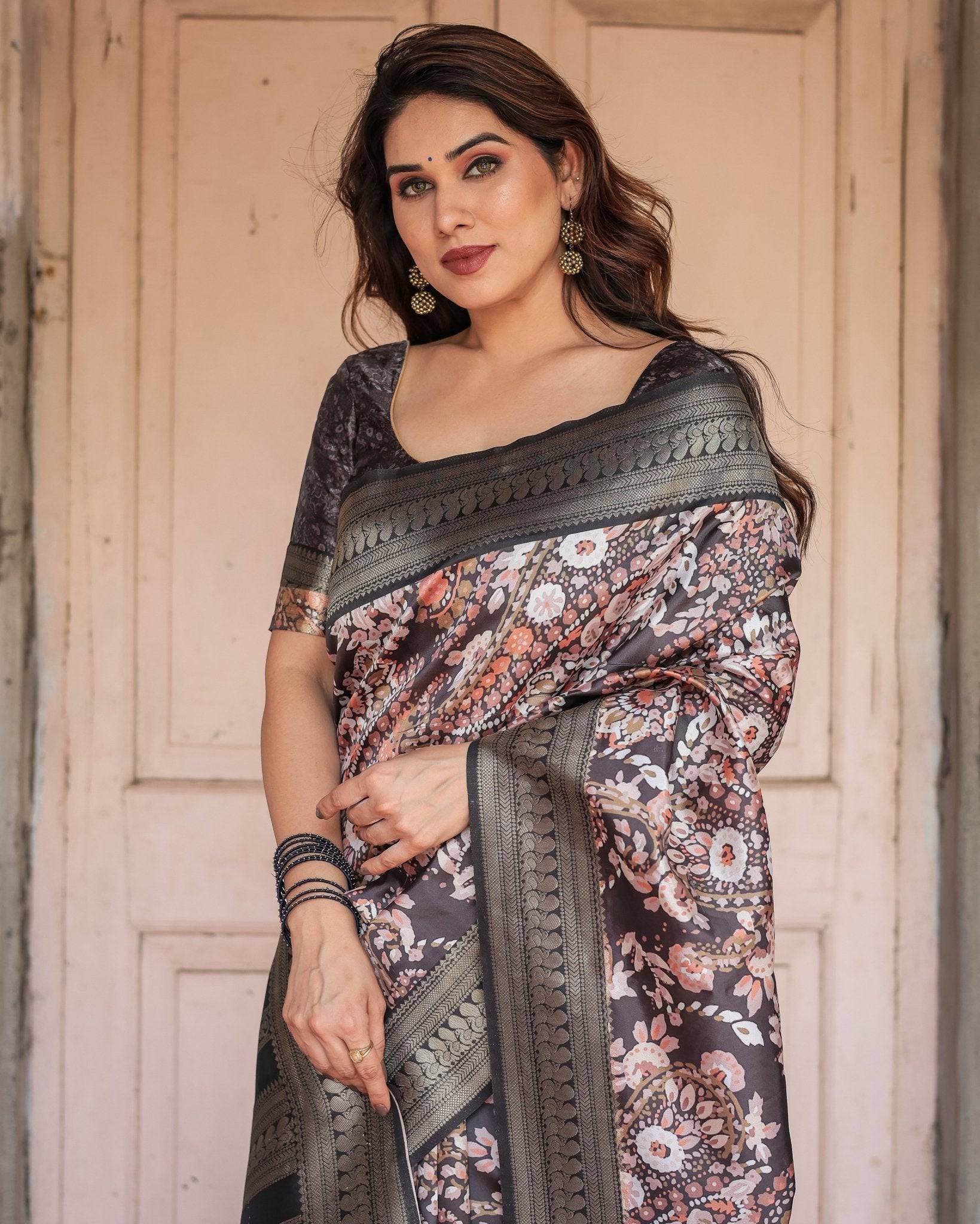 Elegant Black and Peach Banarasi Silk Saree with Zari Border and Tassels - SEEANS