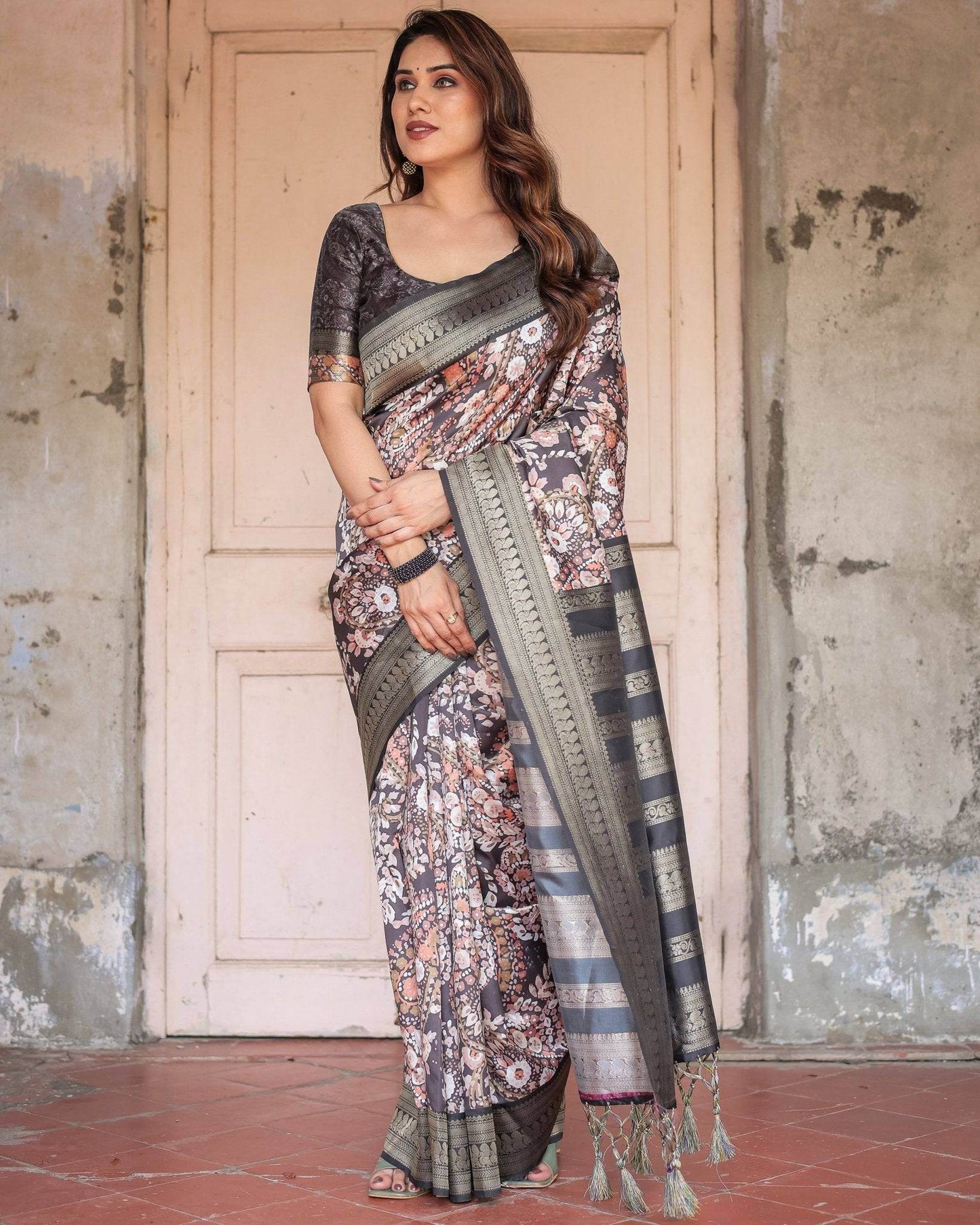 Elegant Black and Peach Banarasi Silk Saree with Zari Border and Tassels - SEEANS