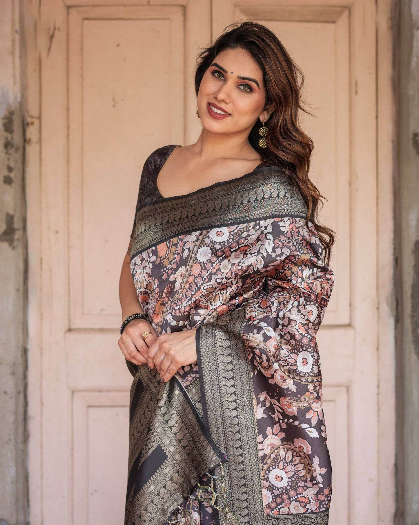 Elegant Black and Peach Banarasi Silk Saree with Zari Border and Tassels - SEEANS