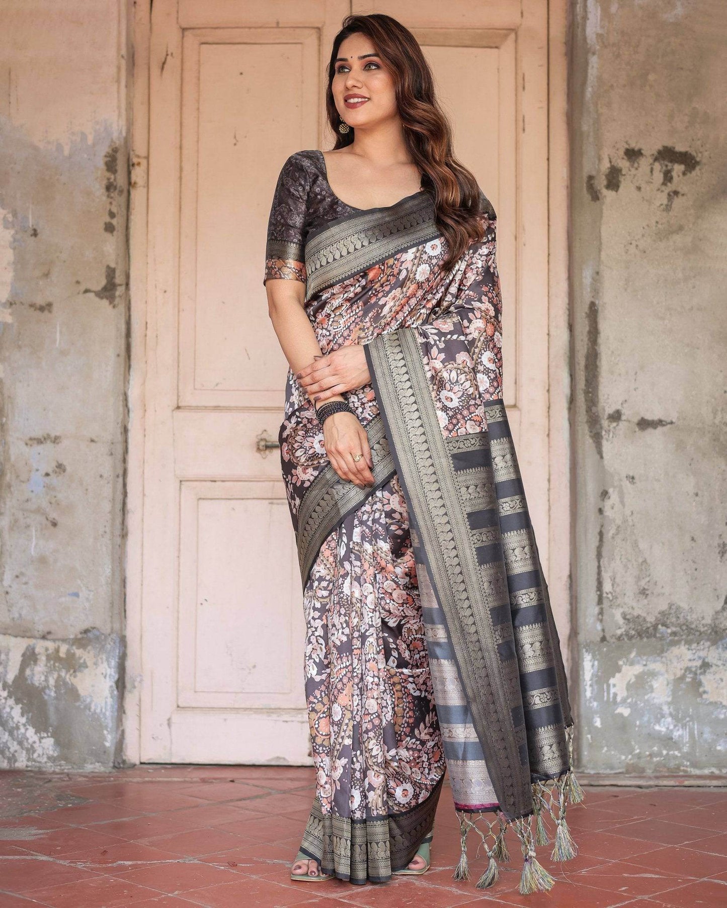 Elegant Black and Peach Banarasi Silk Saree with Zari Border and Tassels - SEEANS