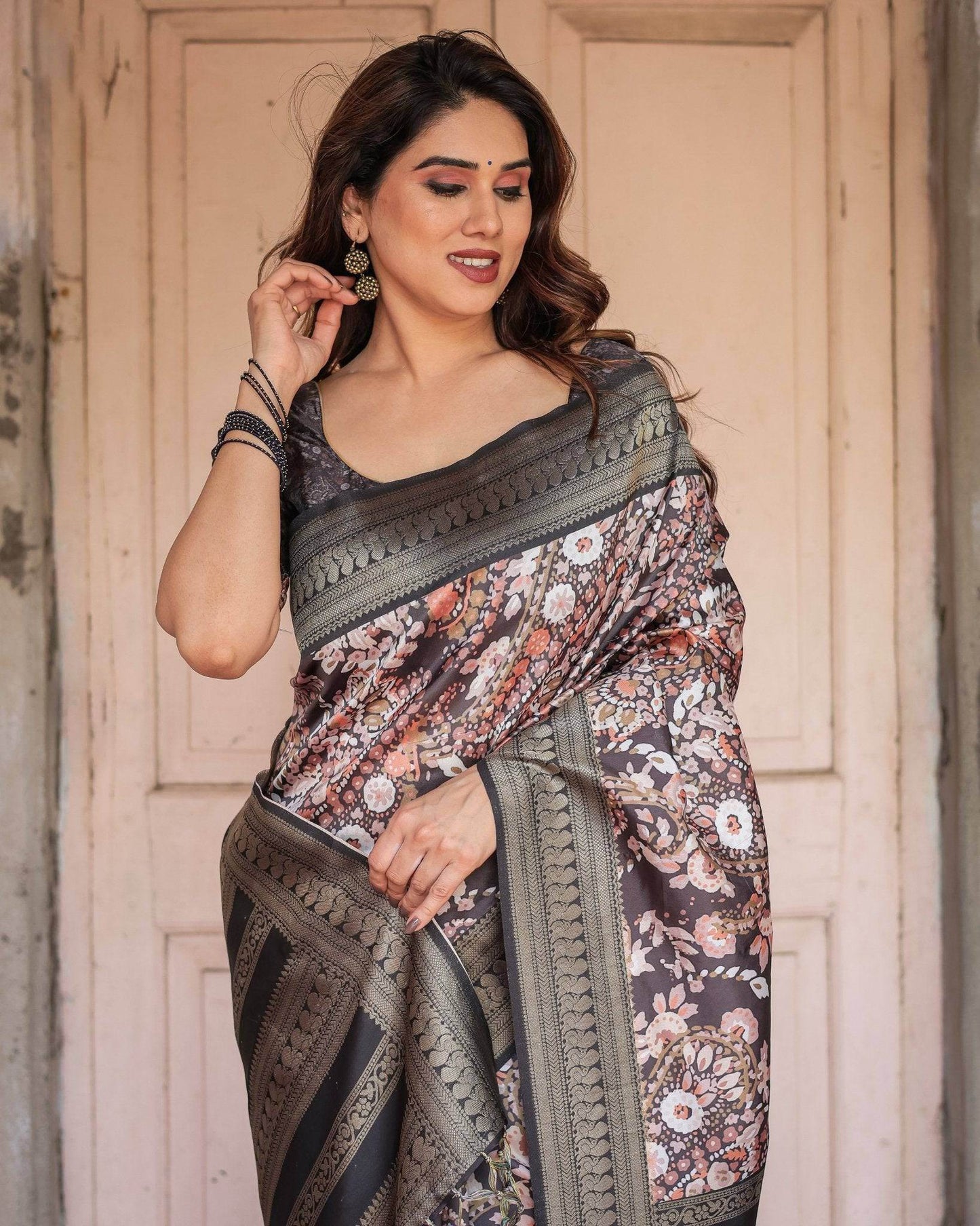 Elegant Black and Peach Banarasi Silk Saree with Zari Border and Tassels - SEEANS