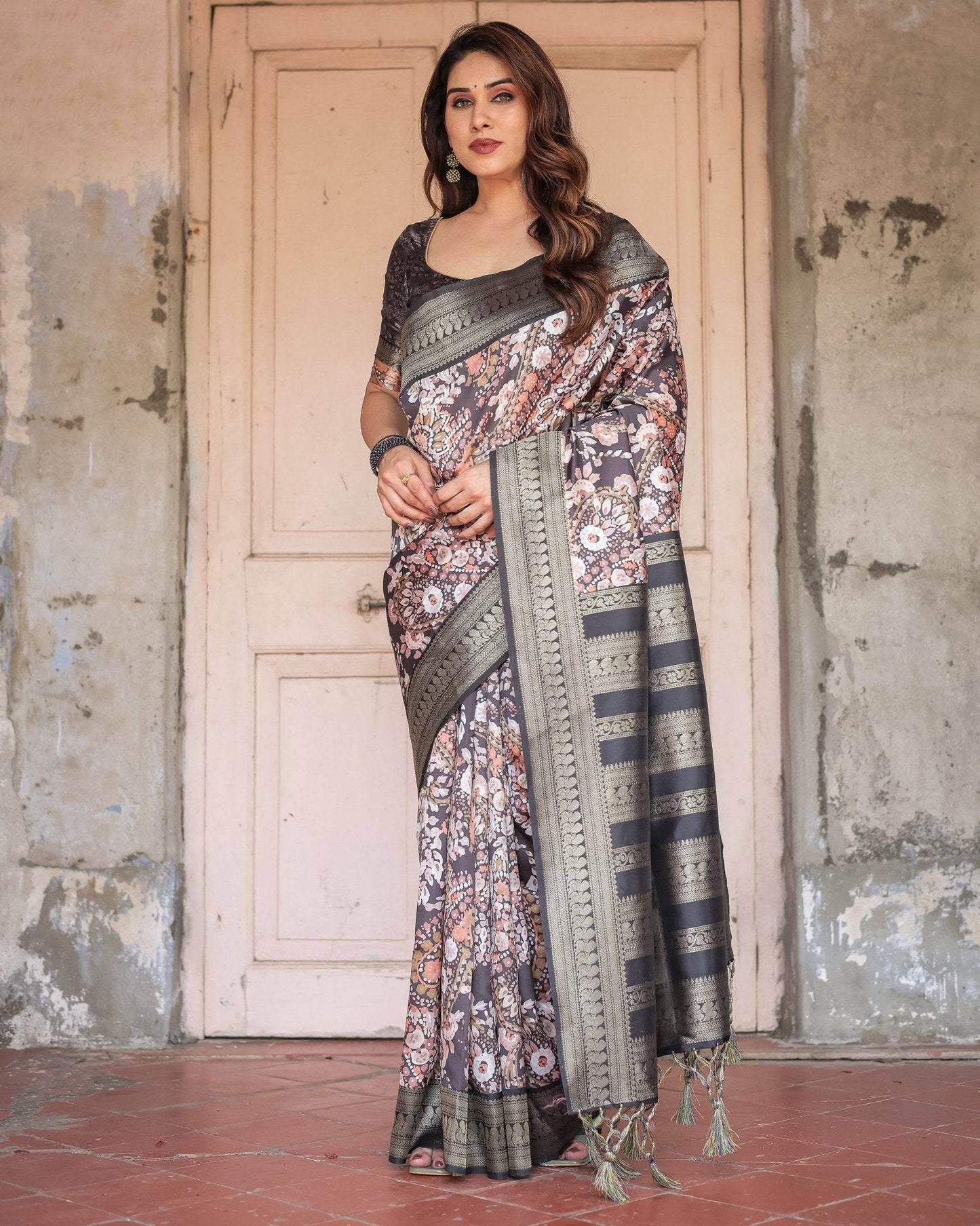 Elegant Black and Peach Banarasi Silk Saree with Zari Border and Tassels - SEEANS