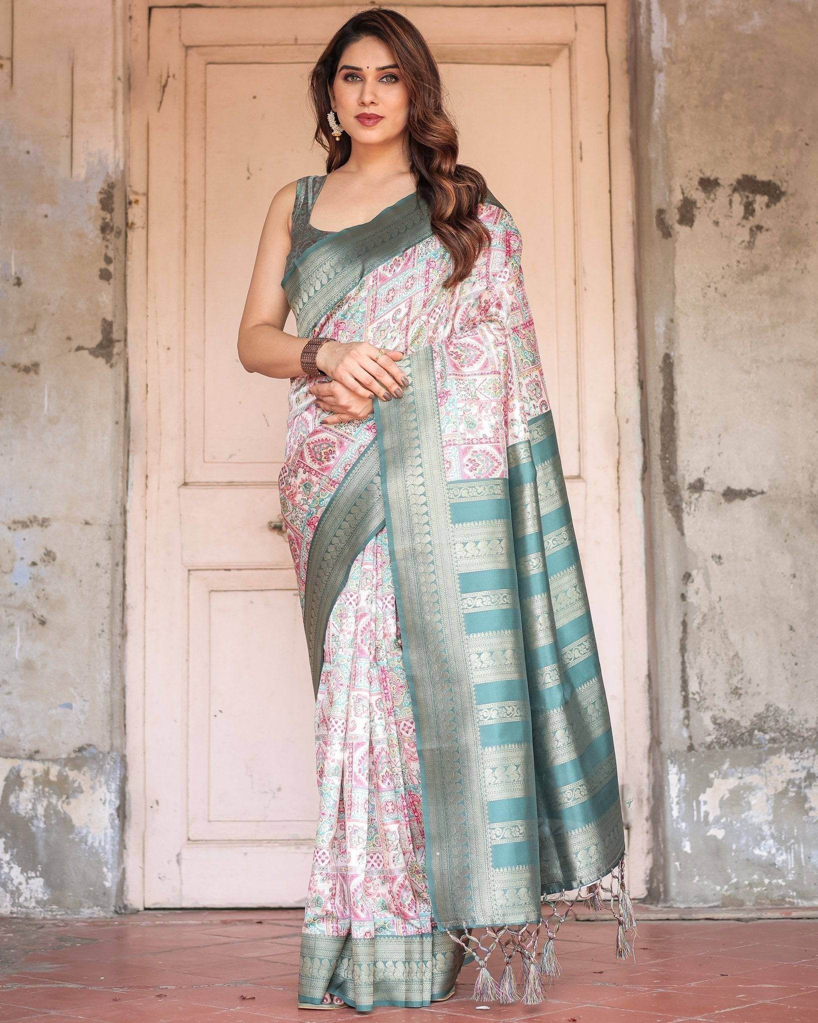 White Banarasi Silk Saree with Pastel Multicolor Prints and Green Zari Border - SEEANS